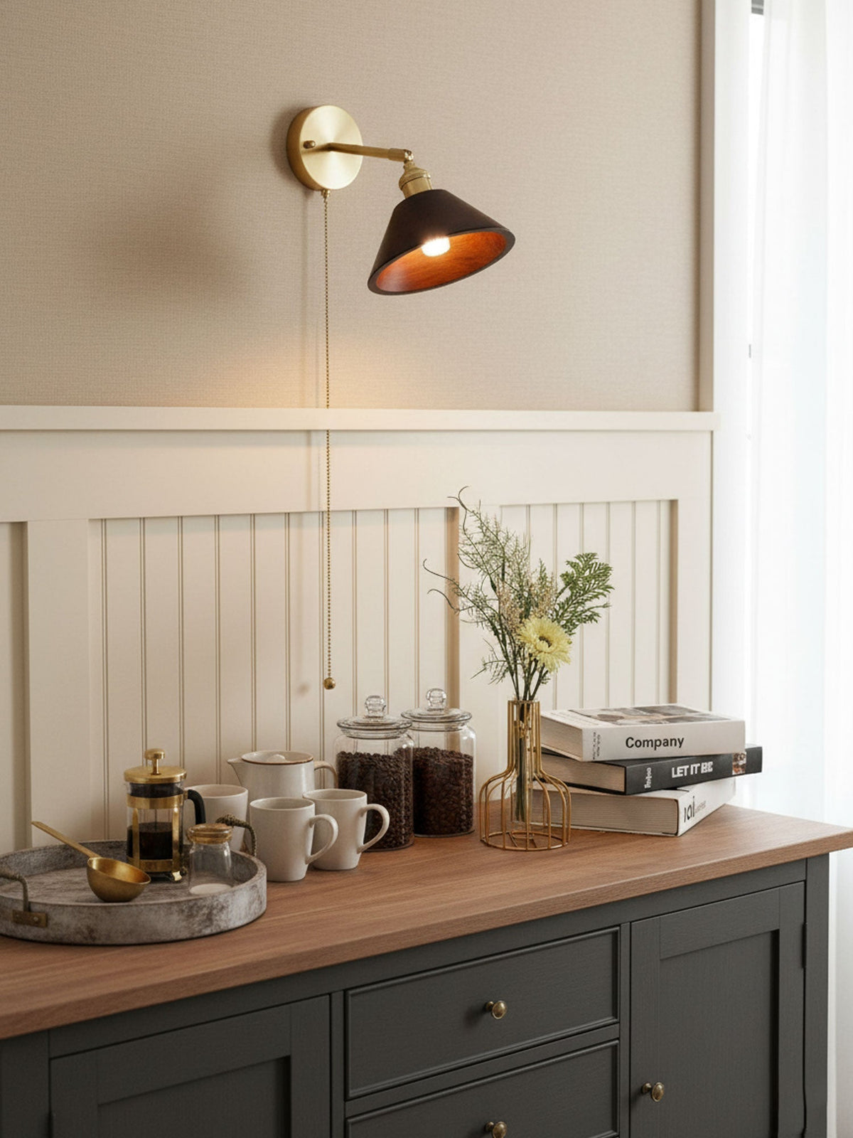 Walnut Wood Dome Sconce with Brass Arm