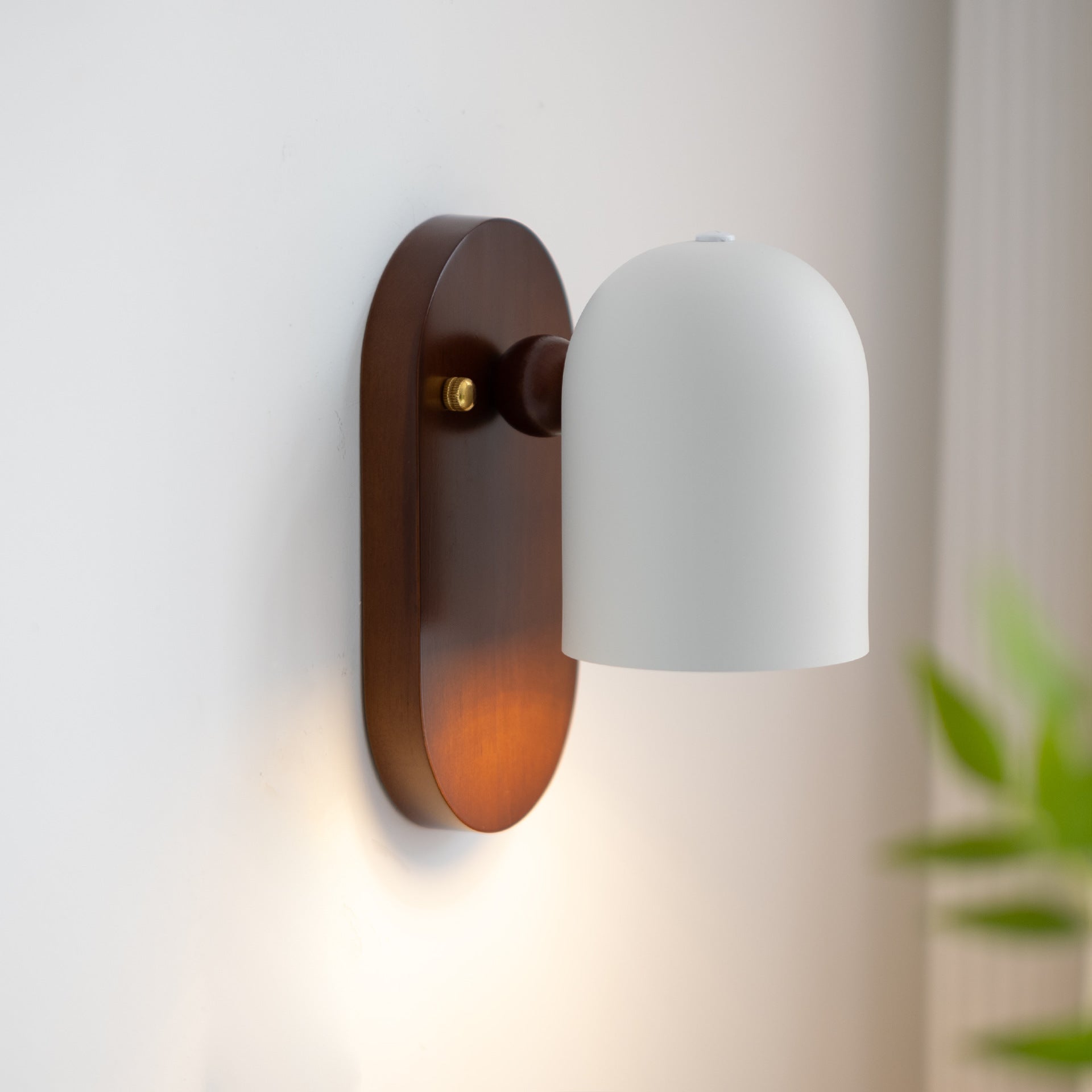 Walnut Wood Wall Sconce with White Dome Shade