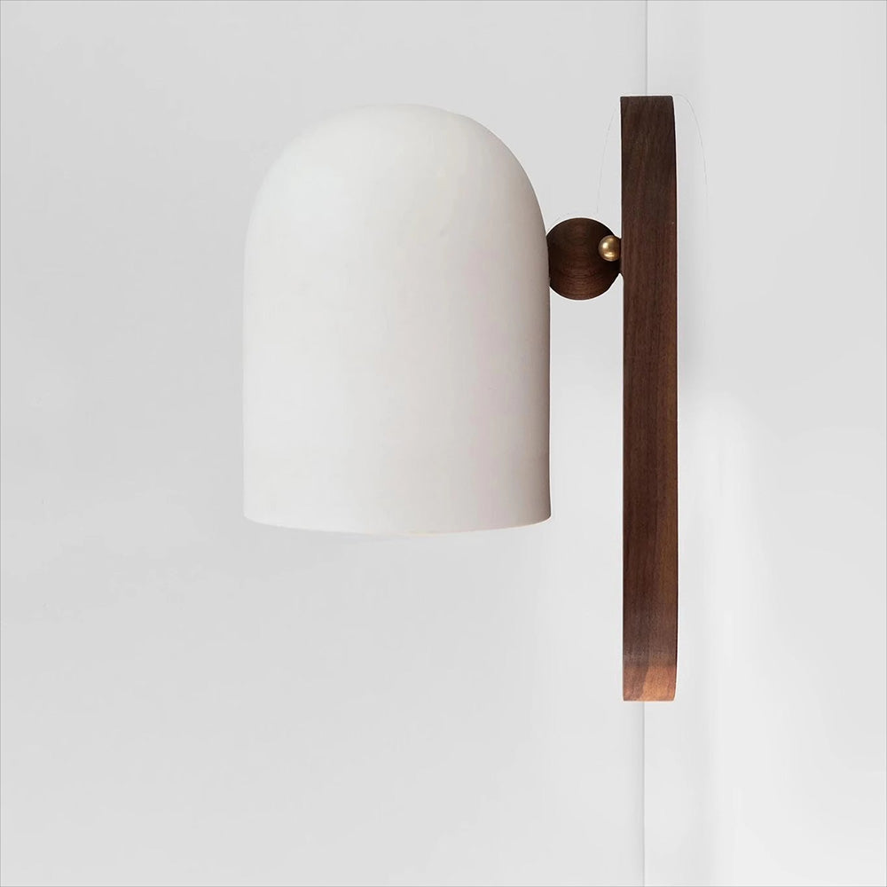 Walnut Wood Wall Sconce with White Dome Shade