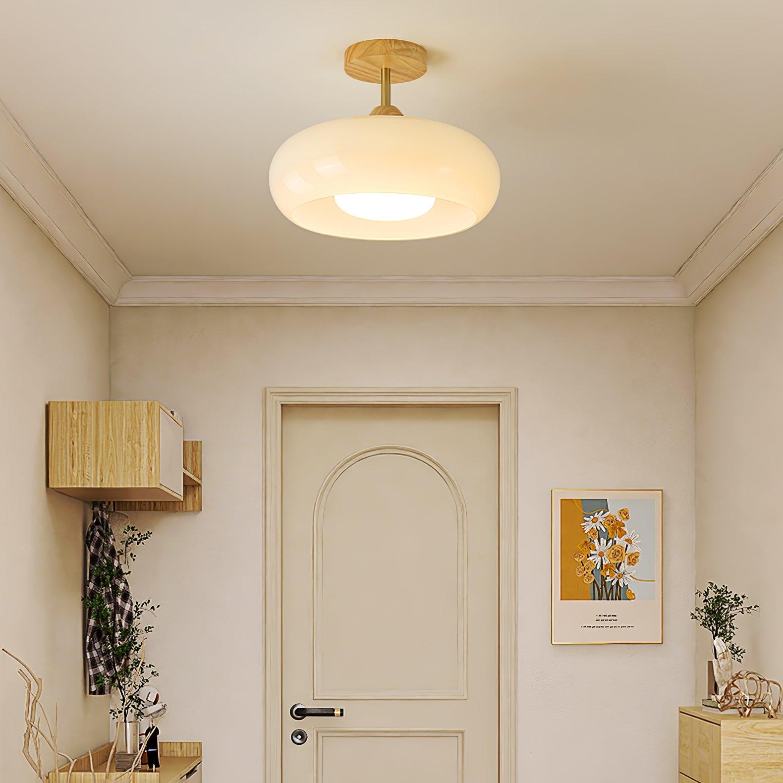 Wood Dome Glass Ceiling Light with Stem