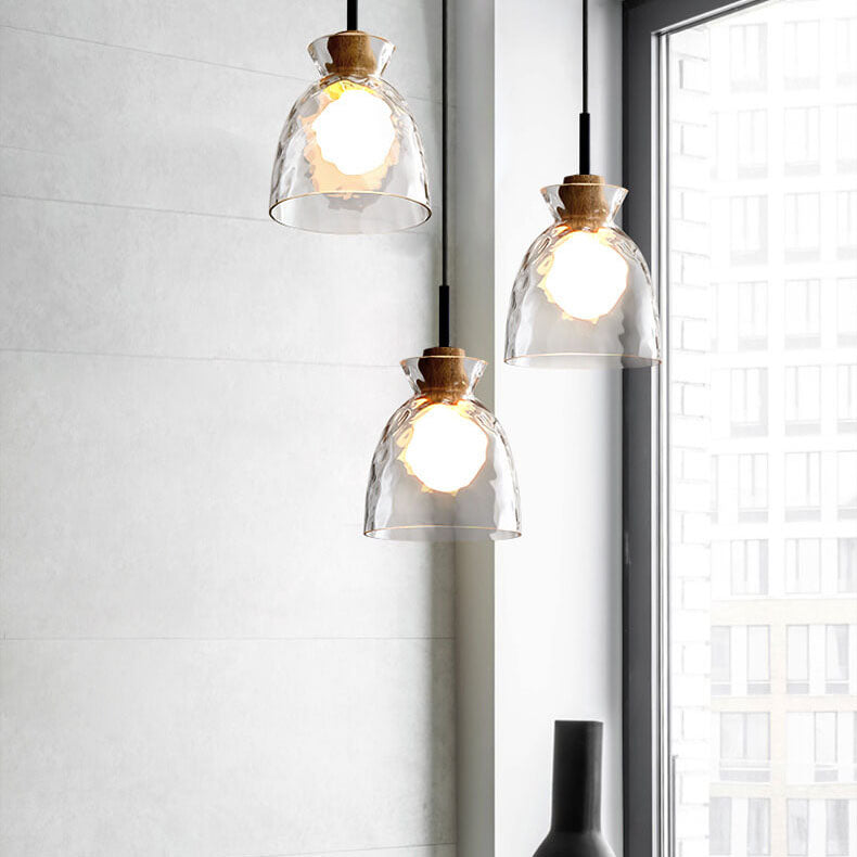 Wood and Glass Pendant Light with Rippled Shade
