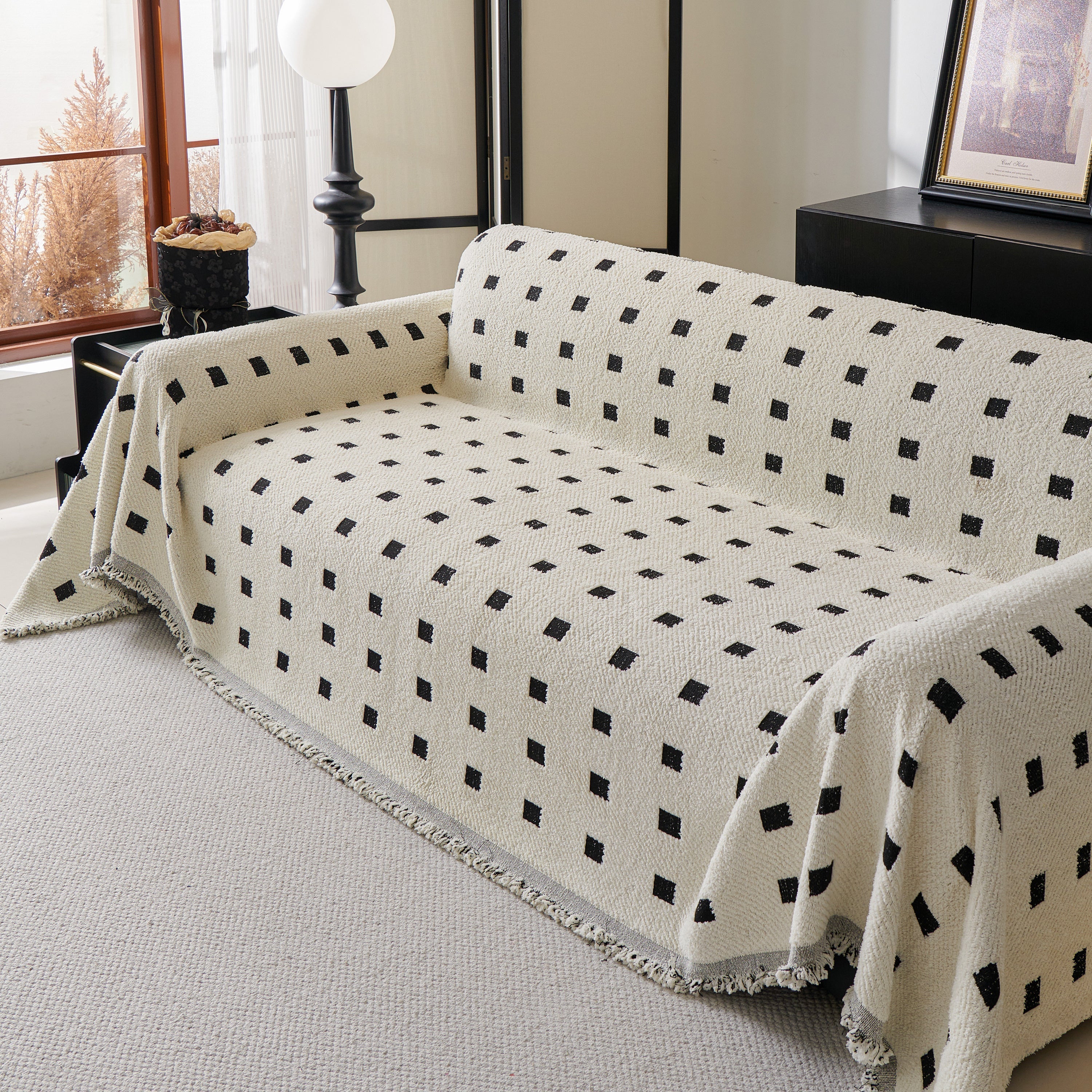 Woven Chenille Sofa Throw with Square Pattern