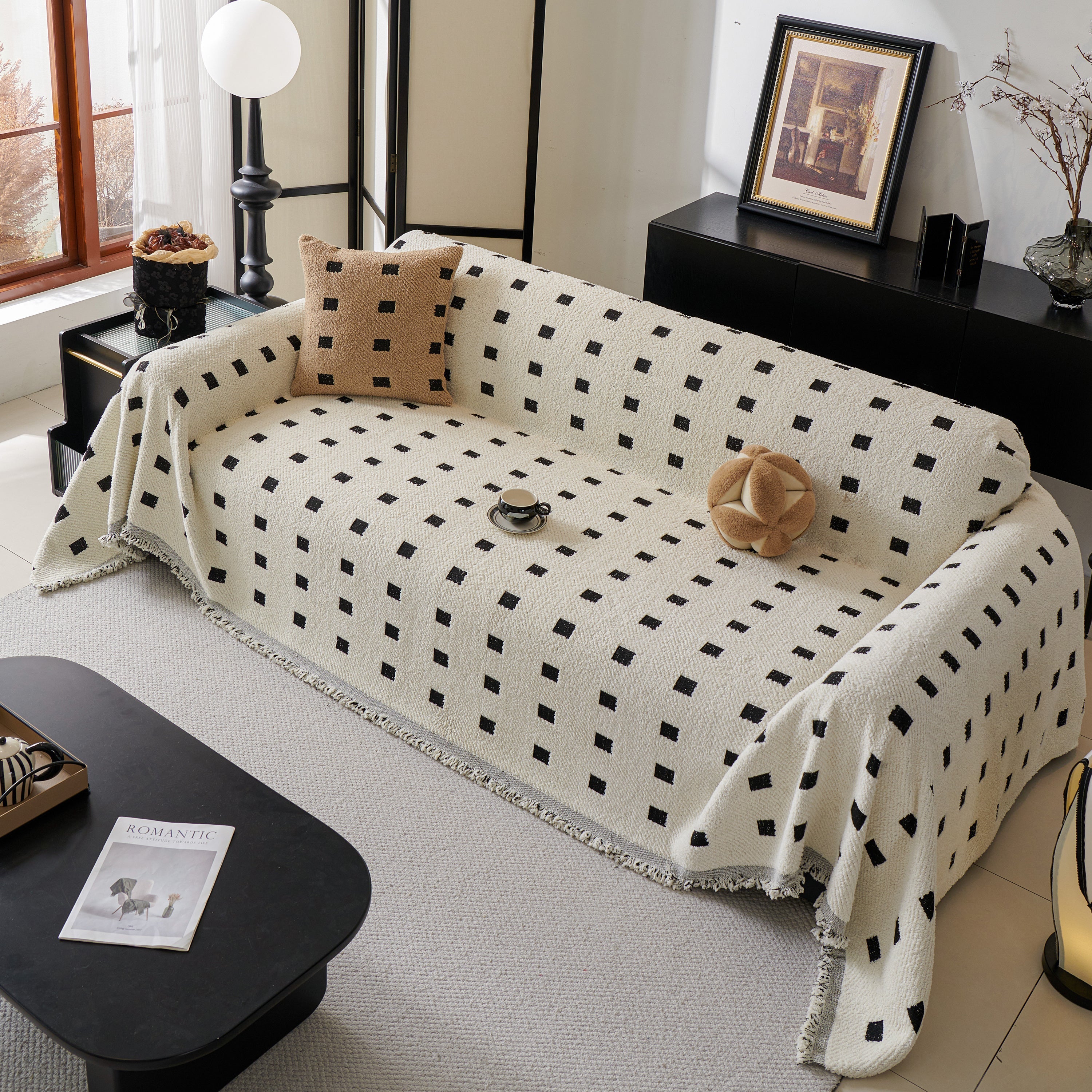 Woven Chenille Sofa Throw with Square Pattern
