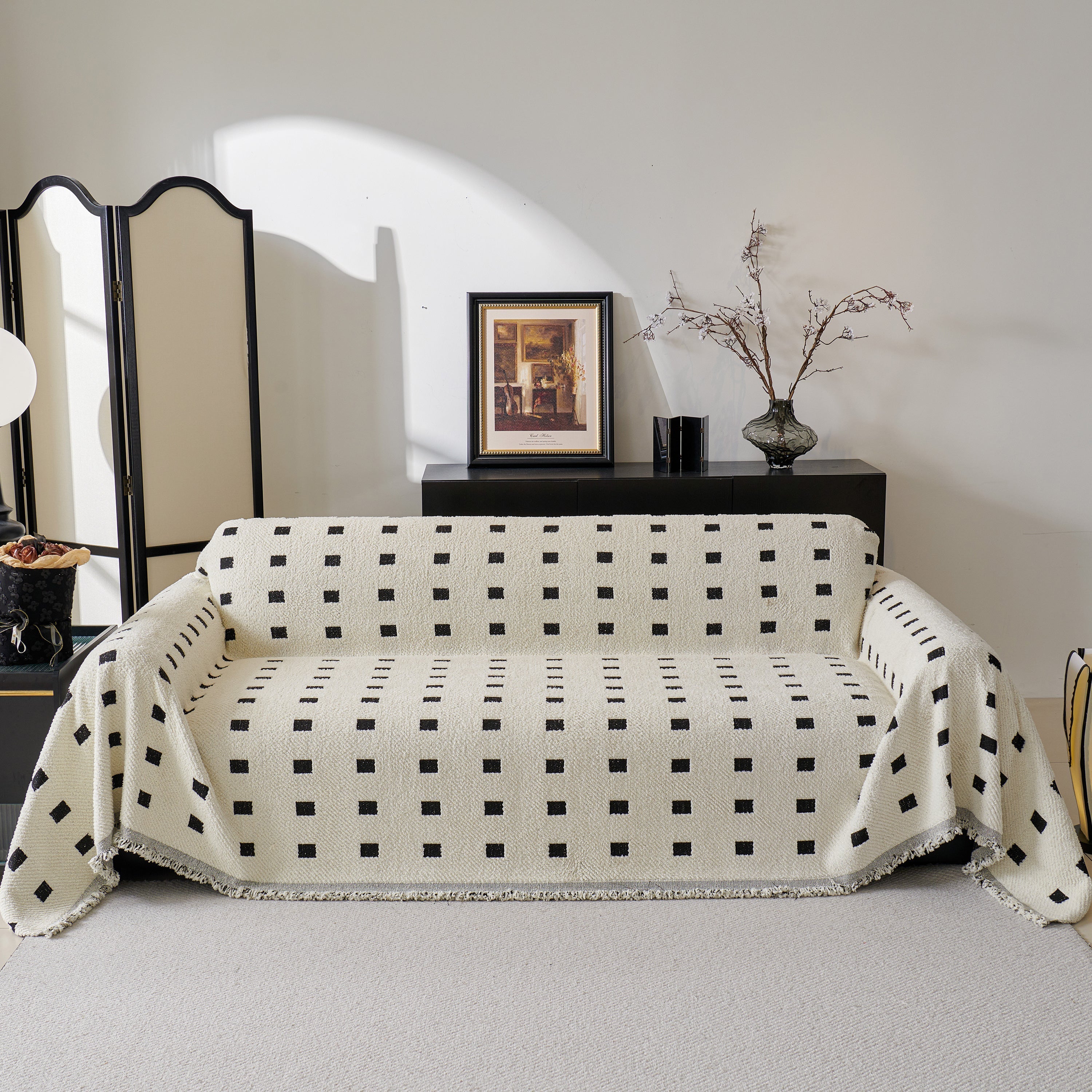 Woven Chenille Sofa Throw with Square Pattern
