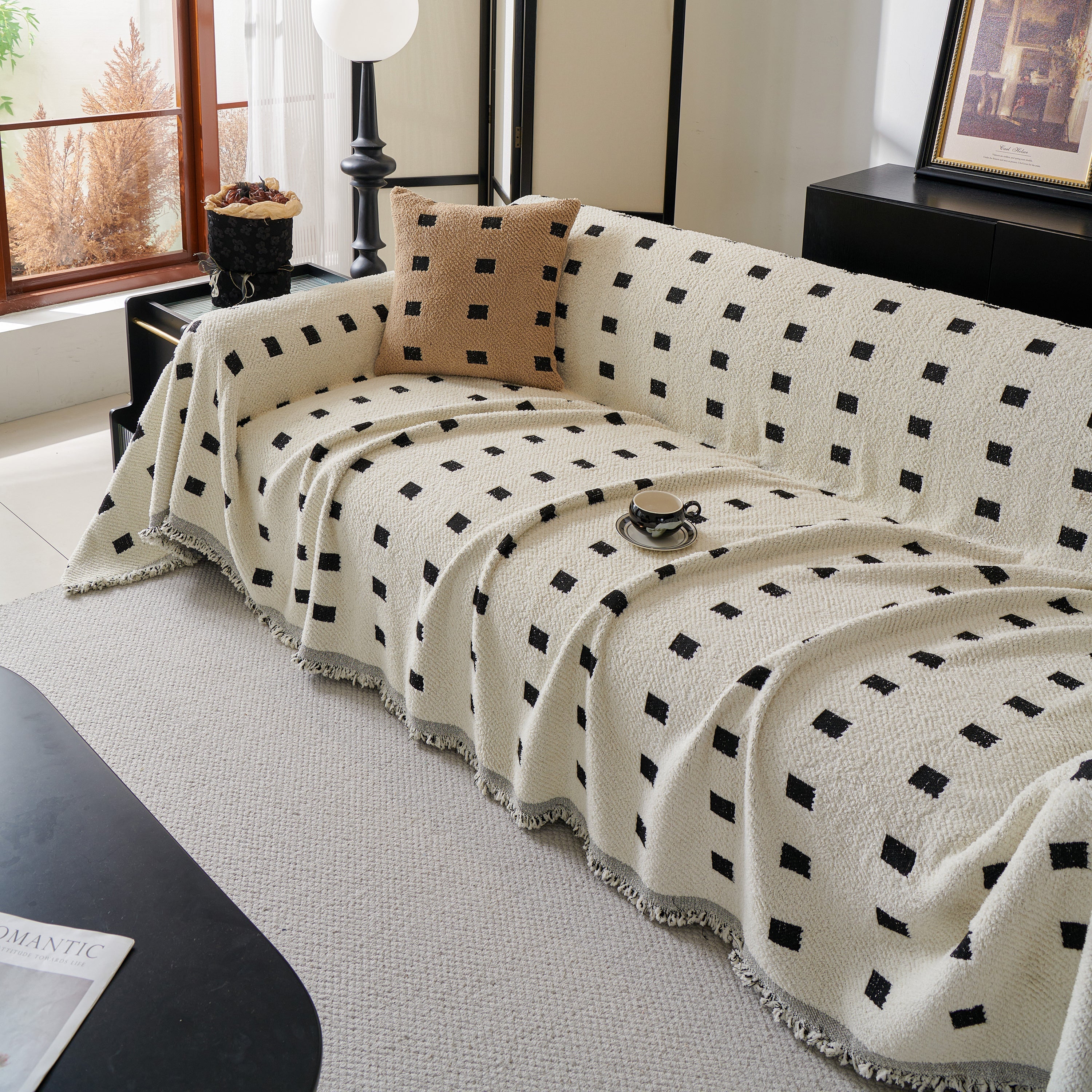 Woven Chenille Sofa Throw with Square Pattern