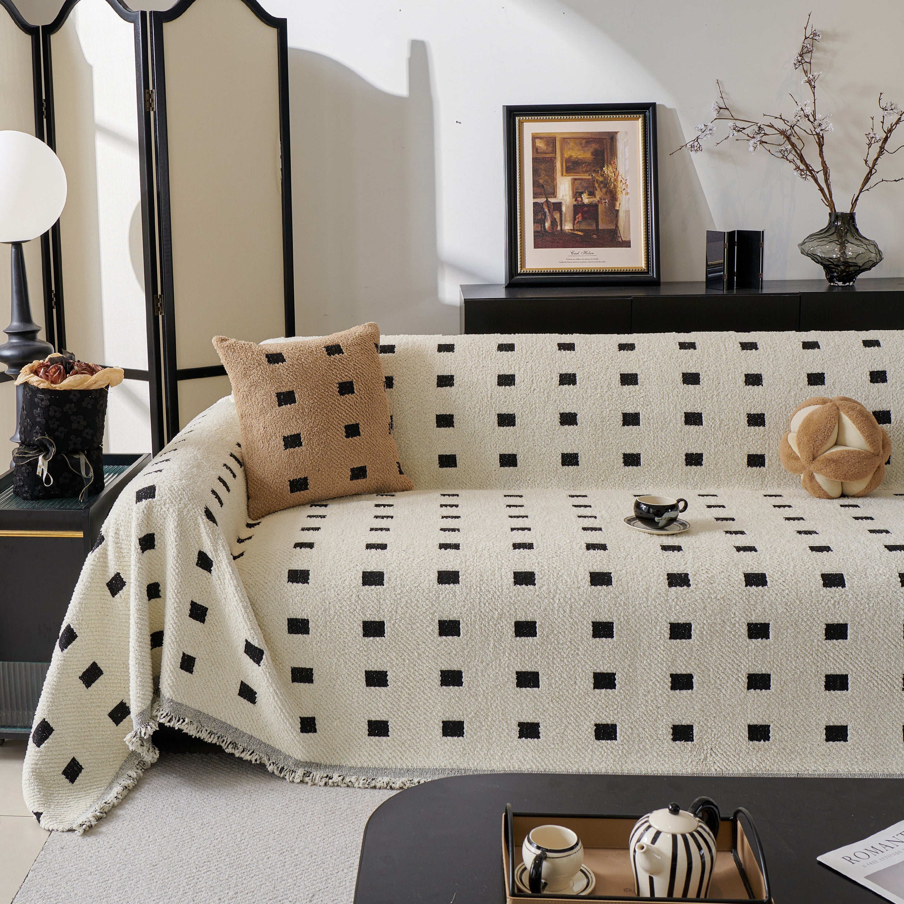 Woven Chenille Sofa Throw with Square Pattern