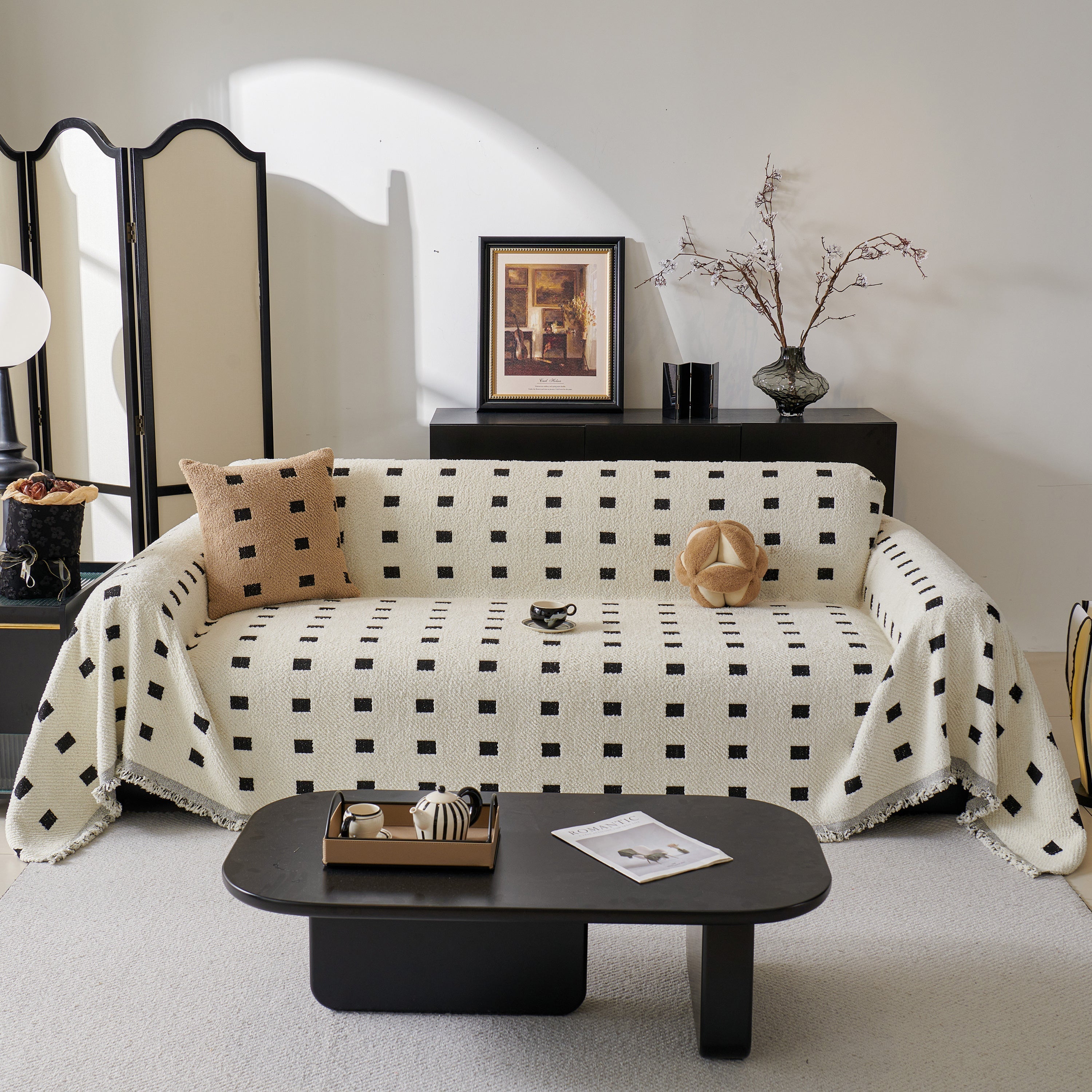 Woven Chenille Sofa Throw with Square Pattern