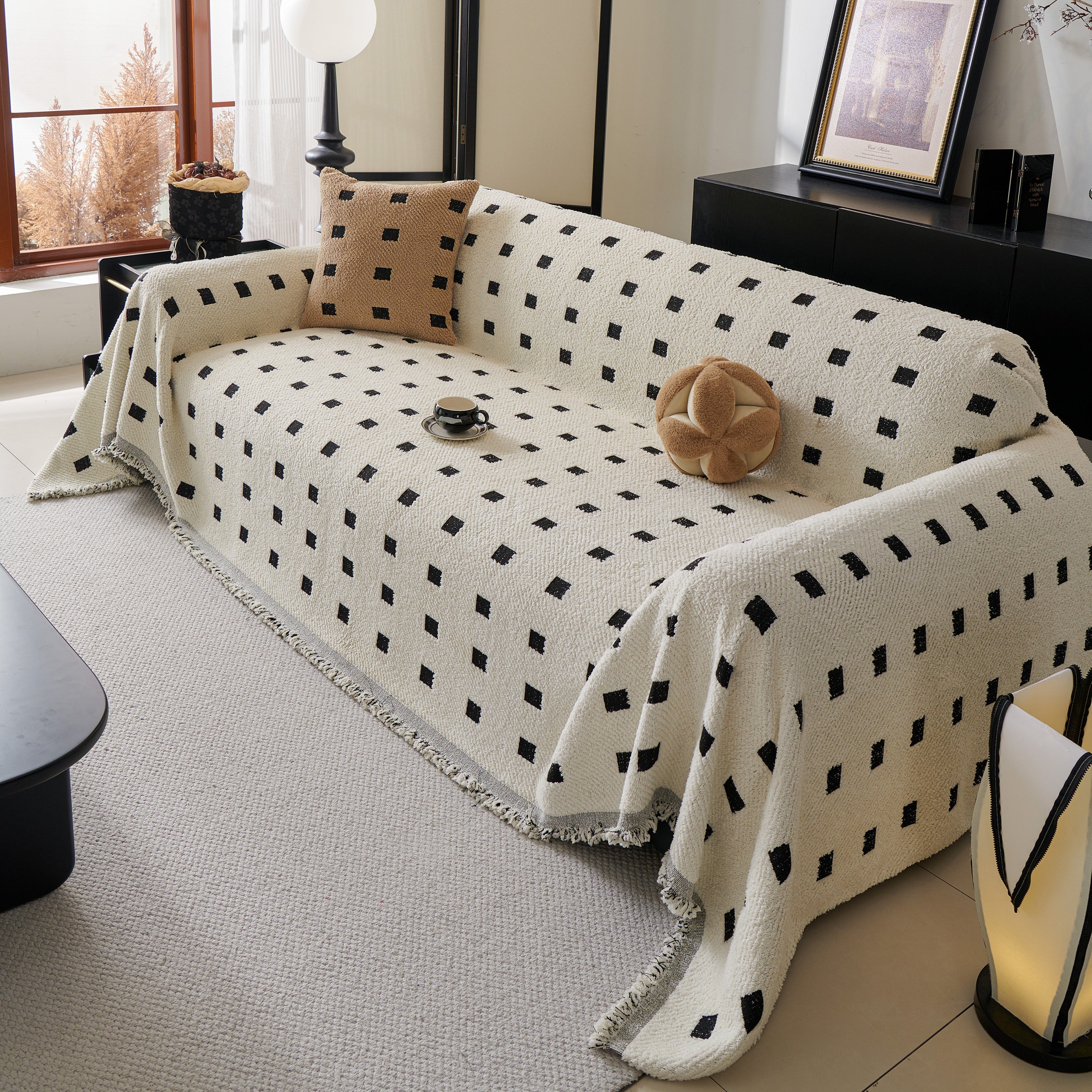 Woven Chenille Sofa Throw with Square Pattern