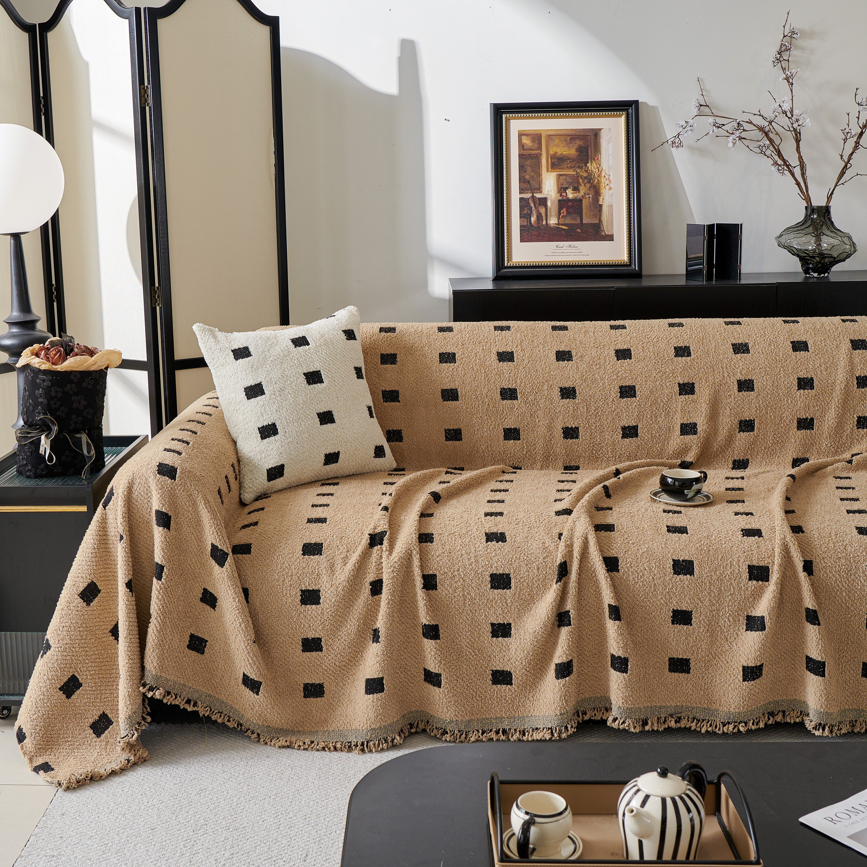 Woven Chenille Sofa Throw with Square Pattern
