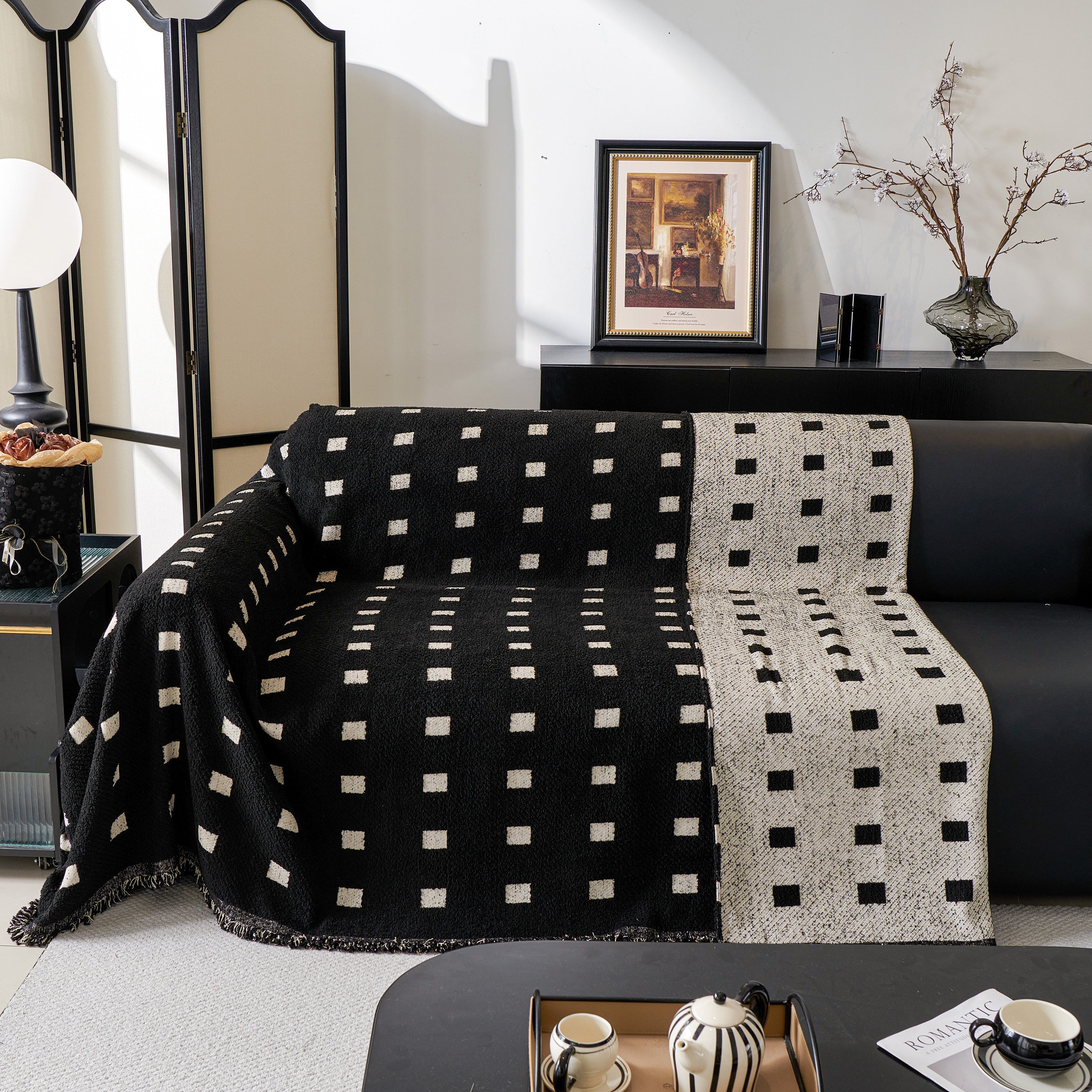 Woven Chenille Sofa Throw with Square Pattern