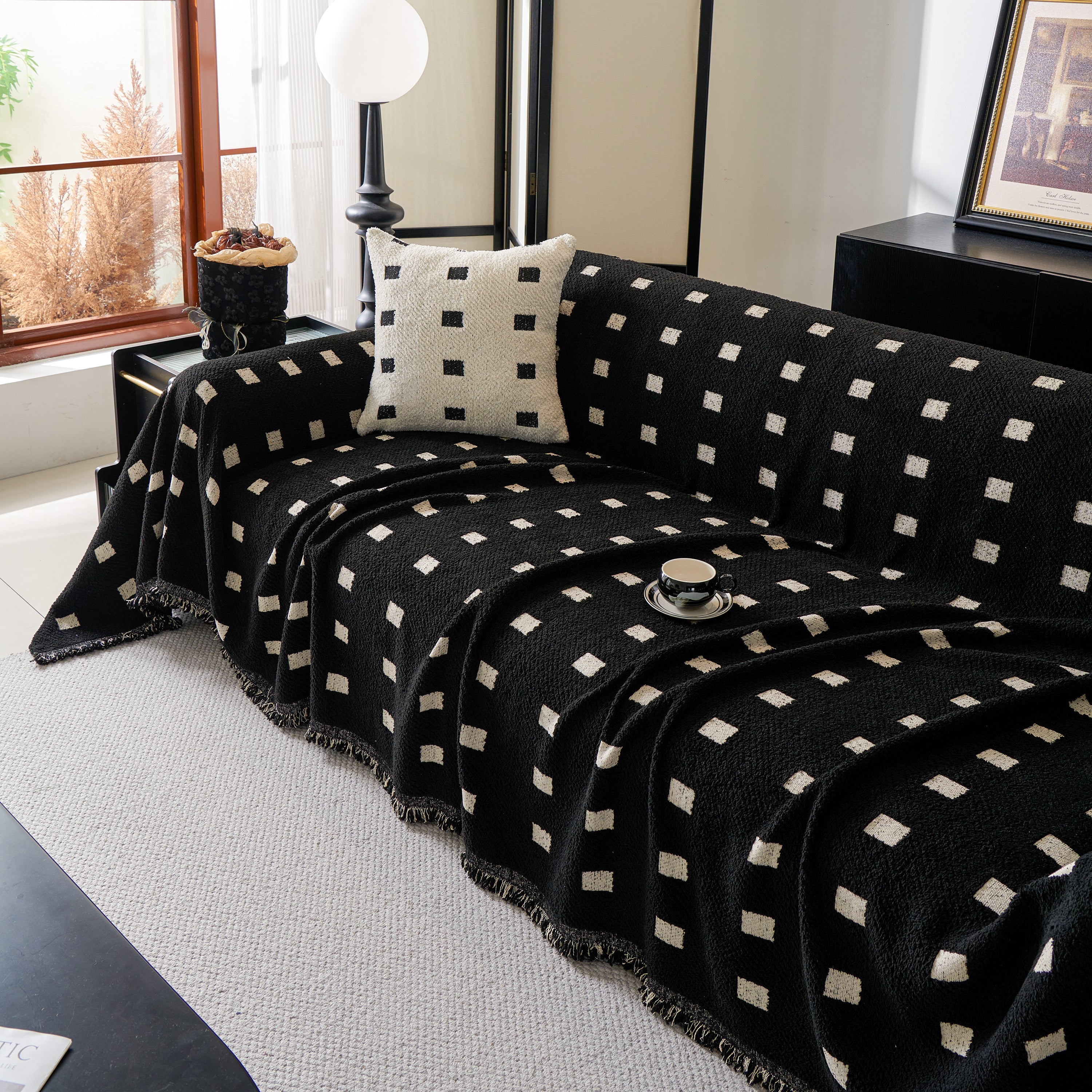 Woven Chenille Sofa Throw with Square Pattern