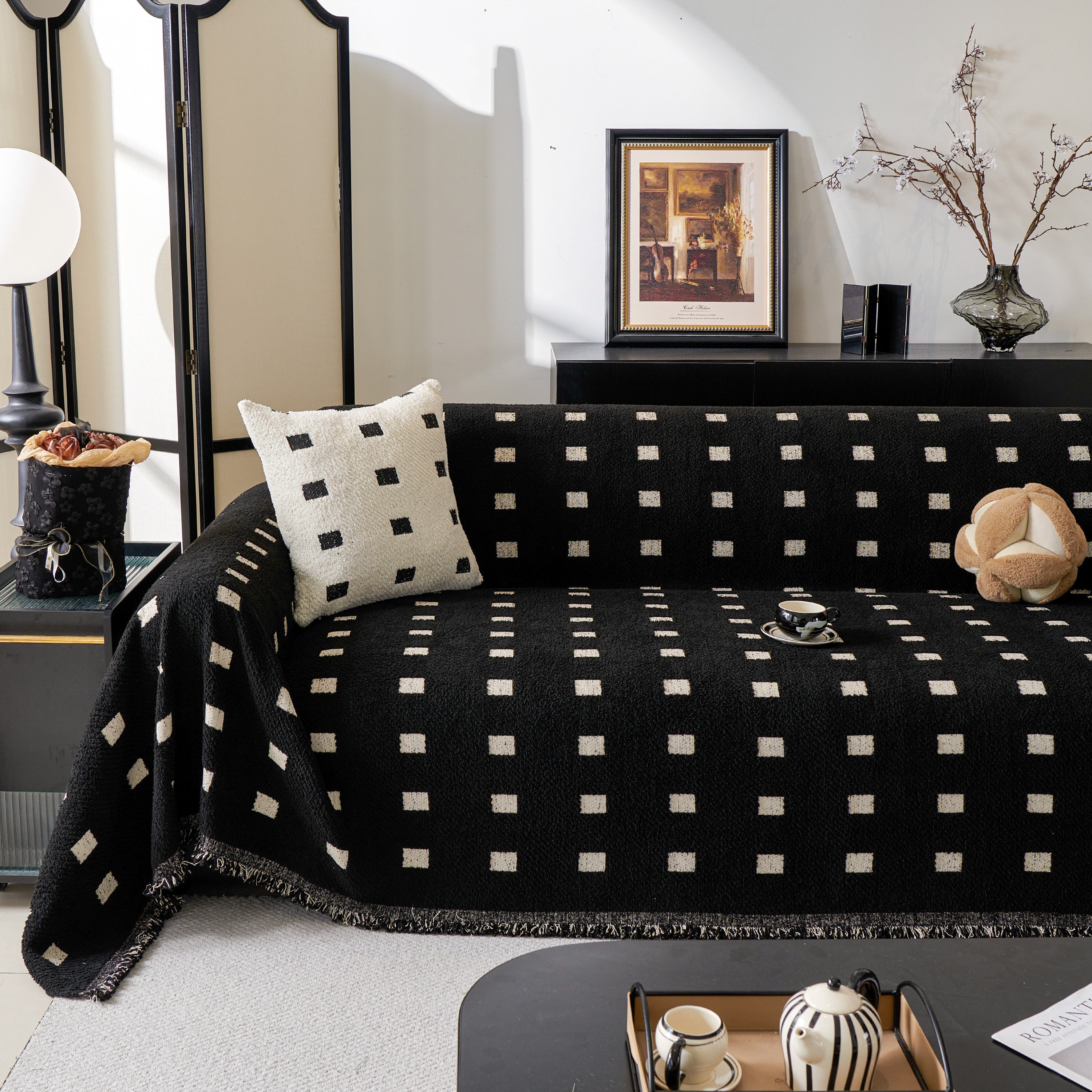 Woven Chenille Sofa Throw with Square Pattern