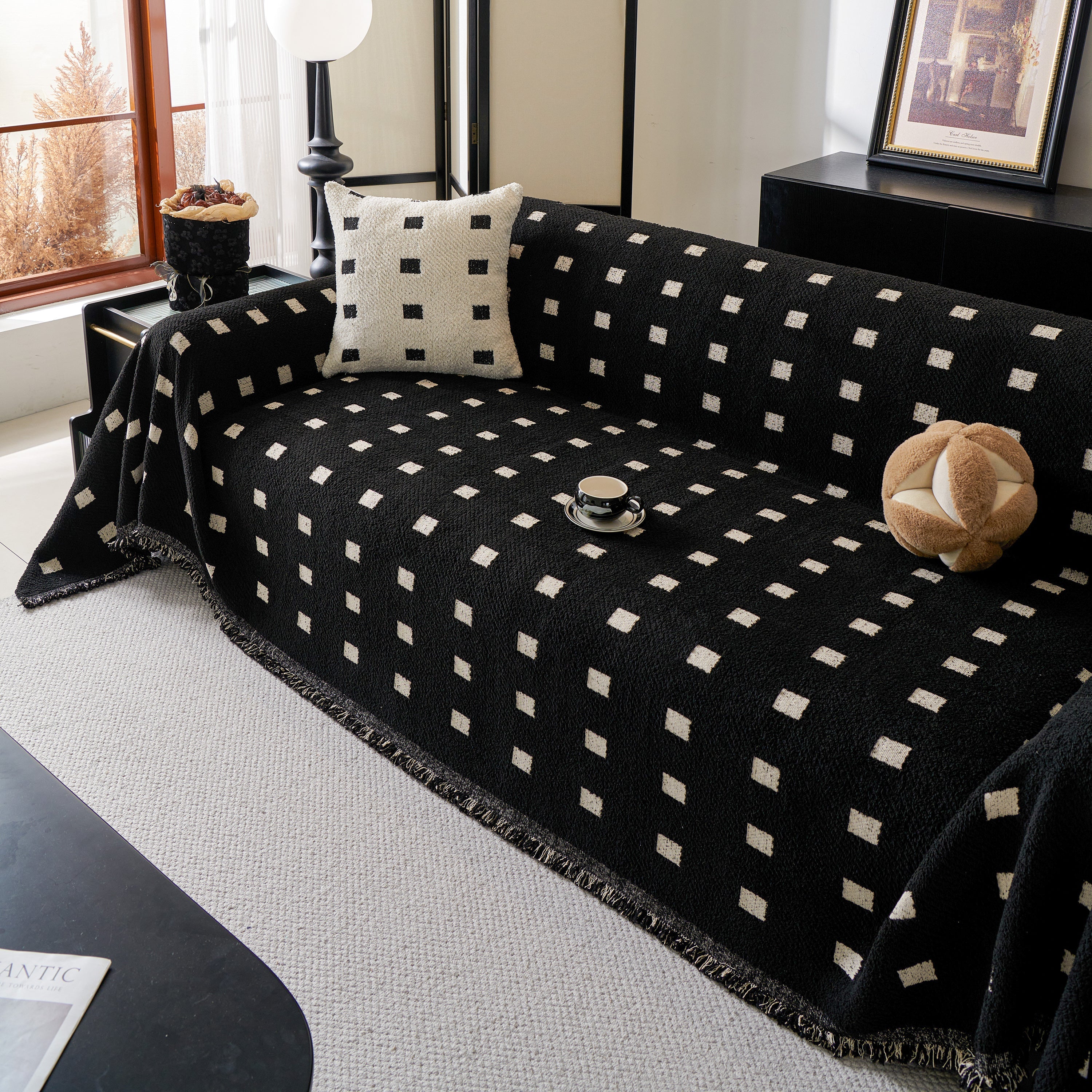 Woven Chenille Sofa Throw with Square Pattern