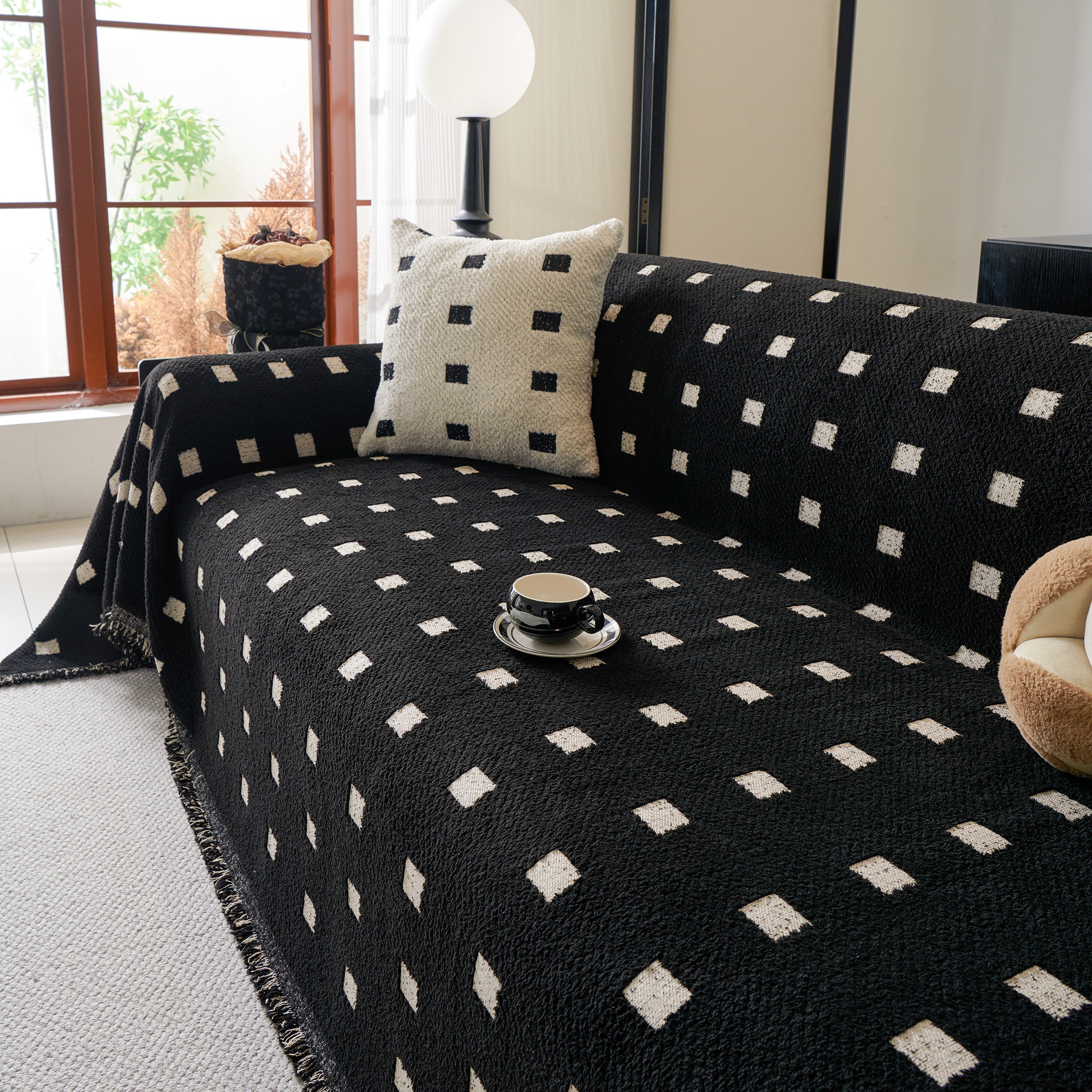 Woven Chenille Sofa Throw with Square Pattern