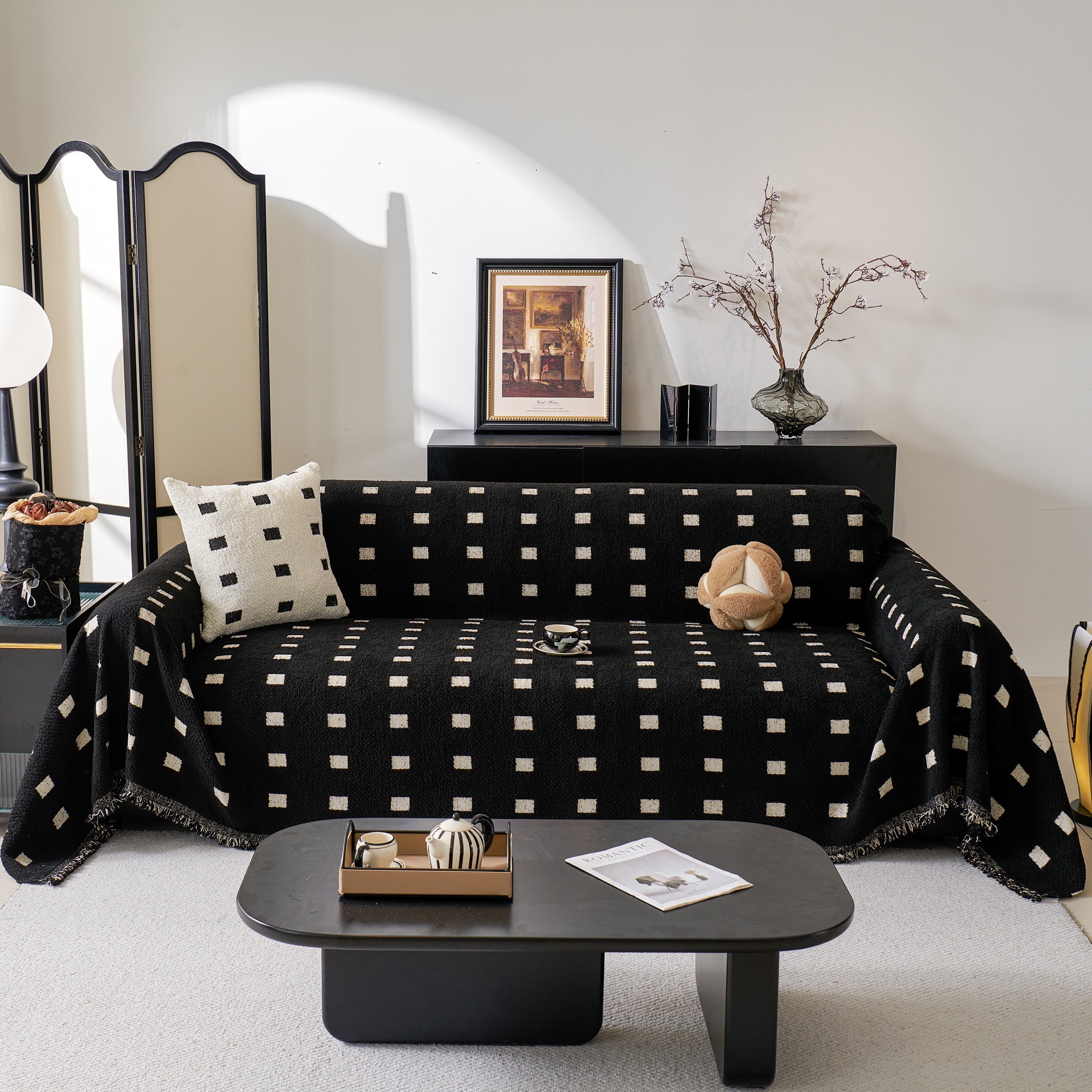 Woven Chenille Sofa Throw with Square Pattern