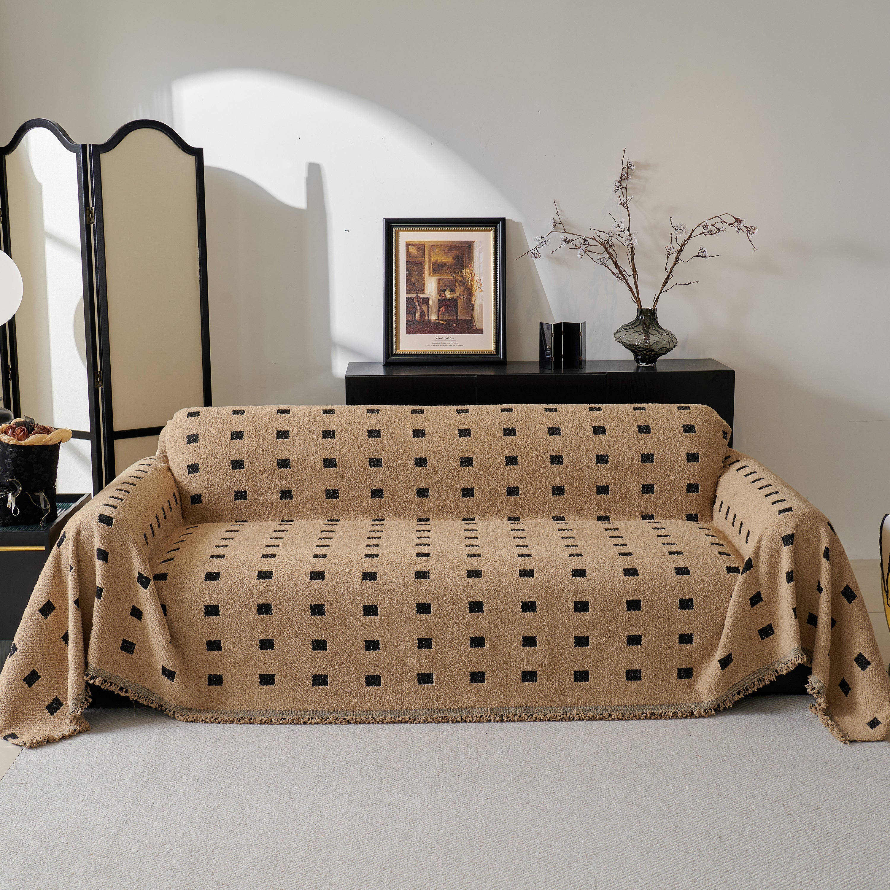 Woven Chenille Sofa Throw with Square Pattern