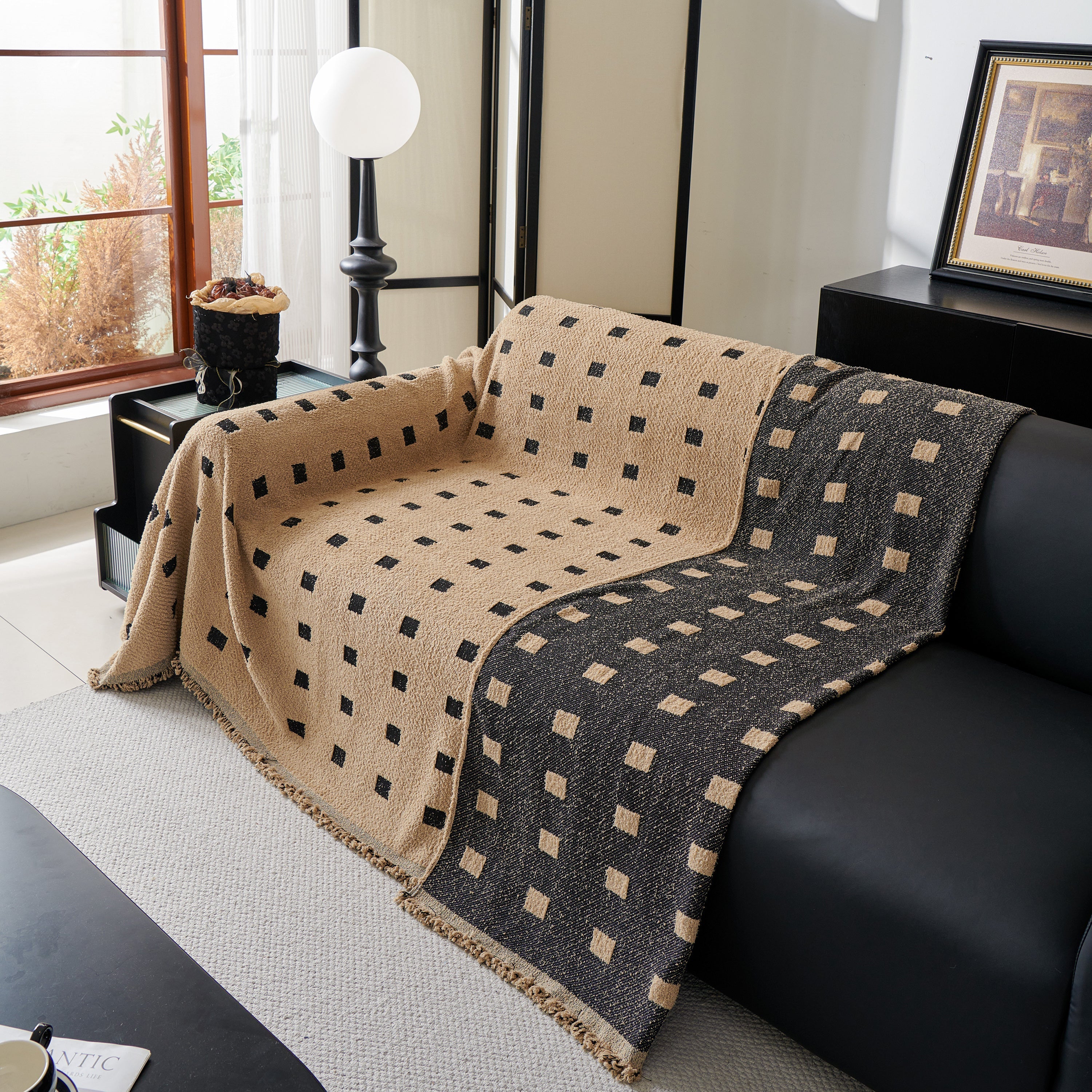 Woven Chenille Sofa Throw with Square Pattern