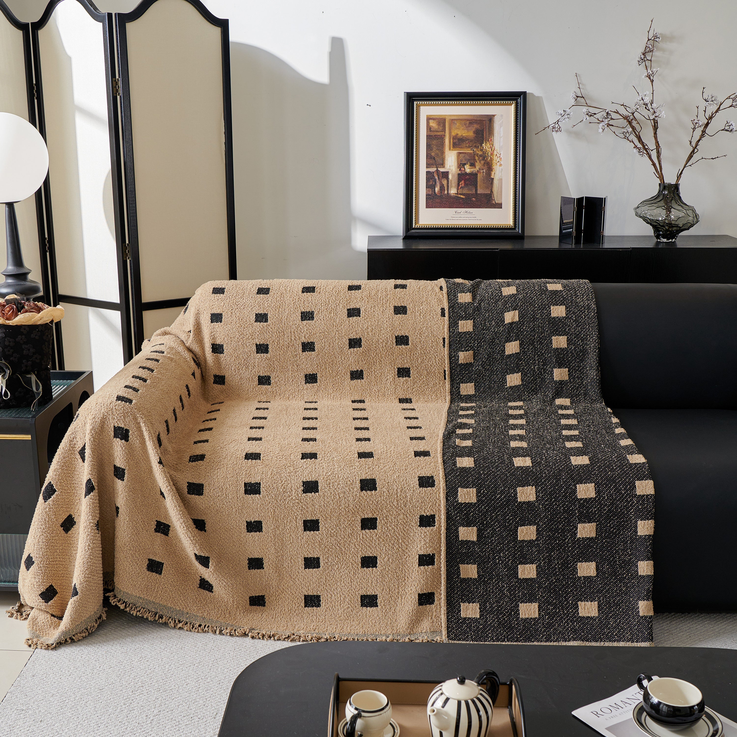 Woven Chenille Sofa Throw with Square Pattern