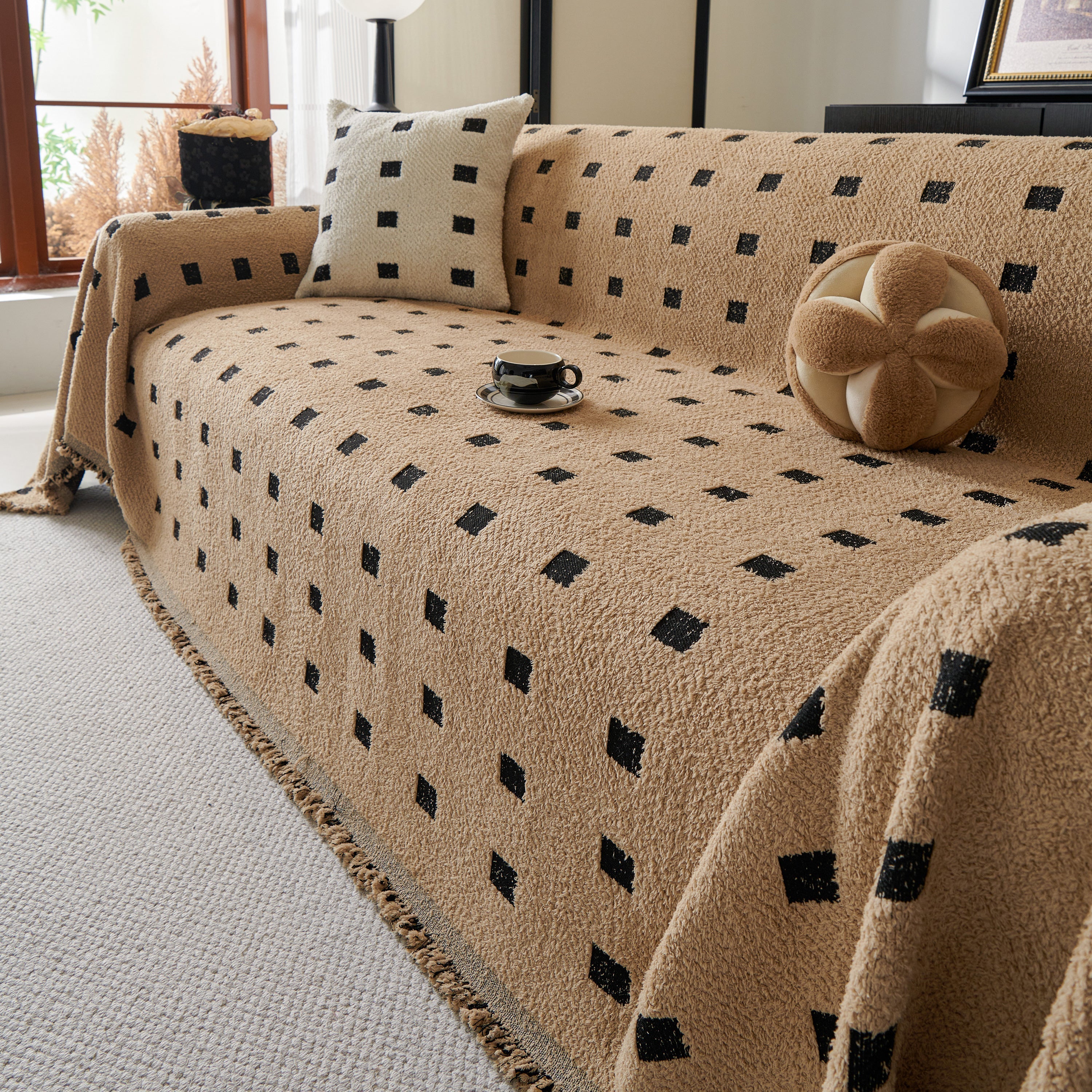 Woven Chenille Sofa Throw with Square Pattern