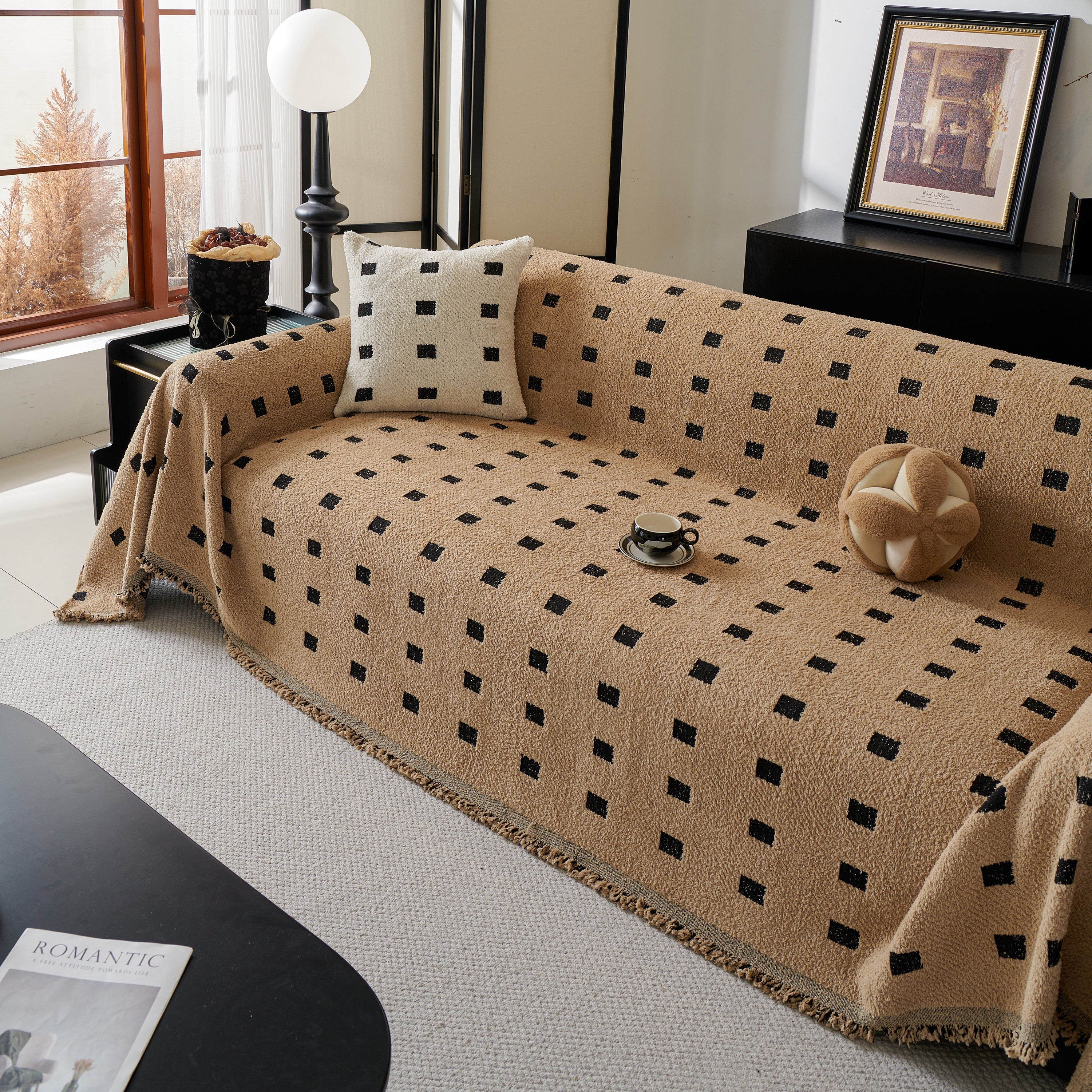 Woven Chenille Sofa Throw with Square Pattern