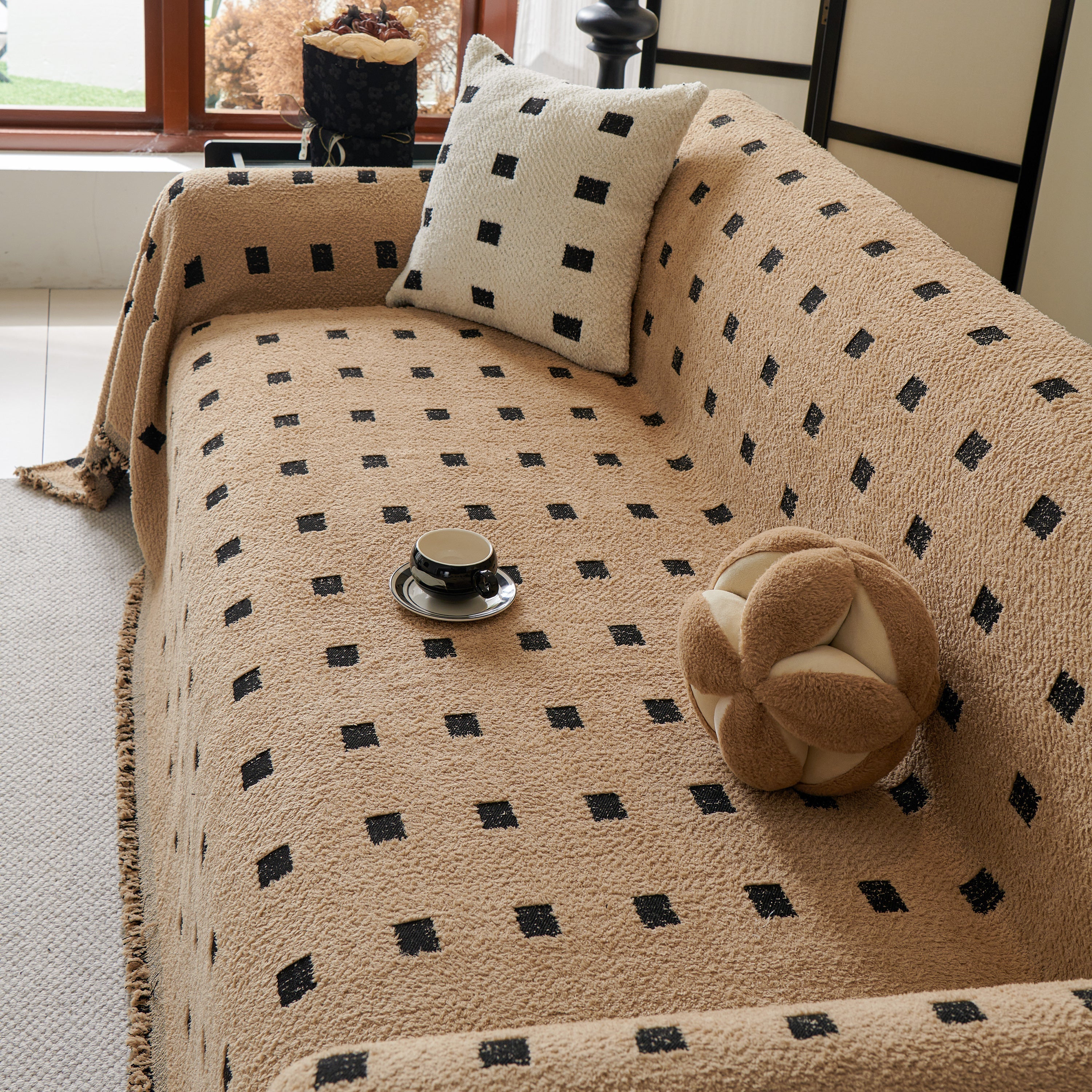 Woven Chenille Sofa Throw with Square Pattern