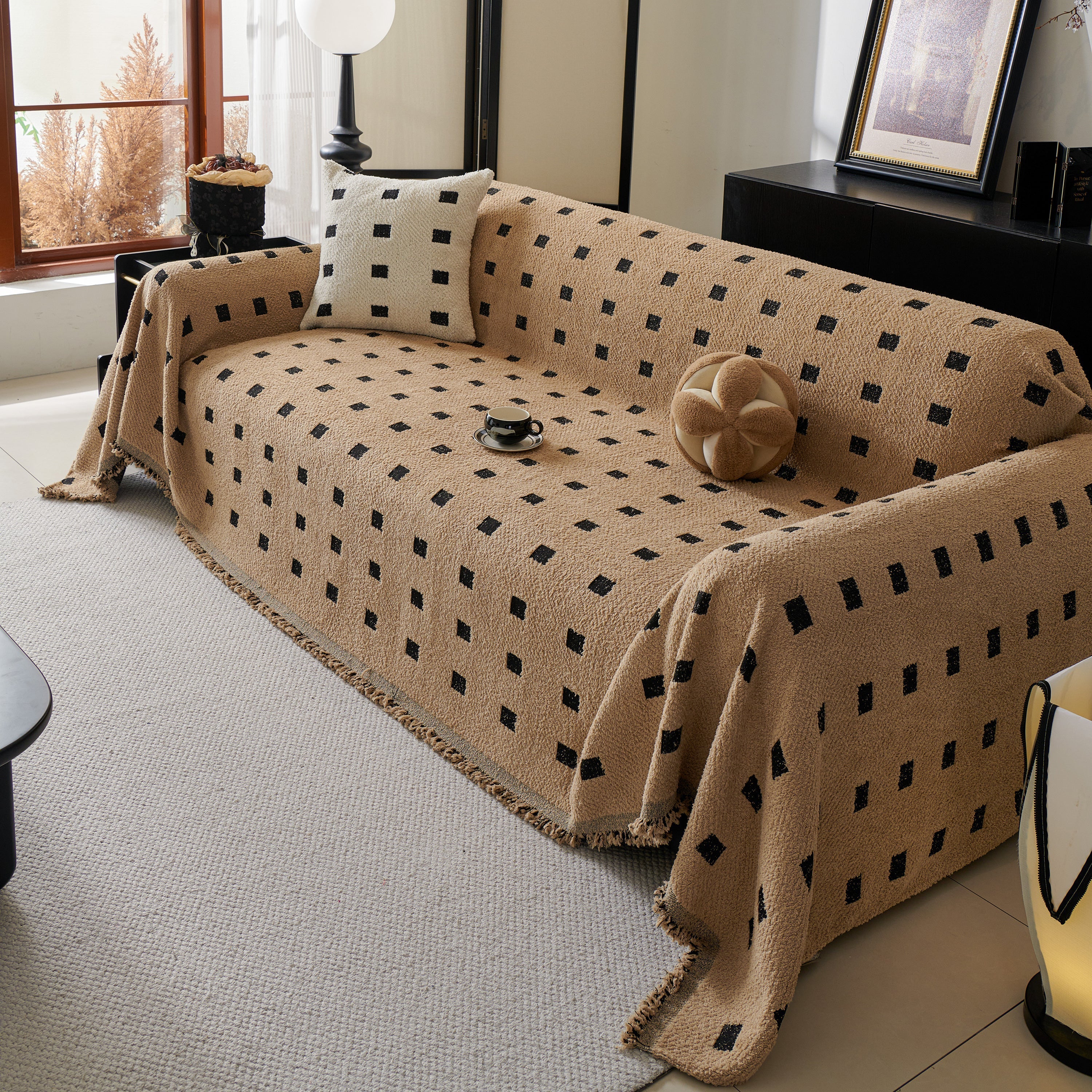 Woven Chenille Sofa Throw with Square Pattern