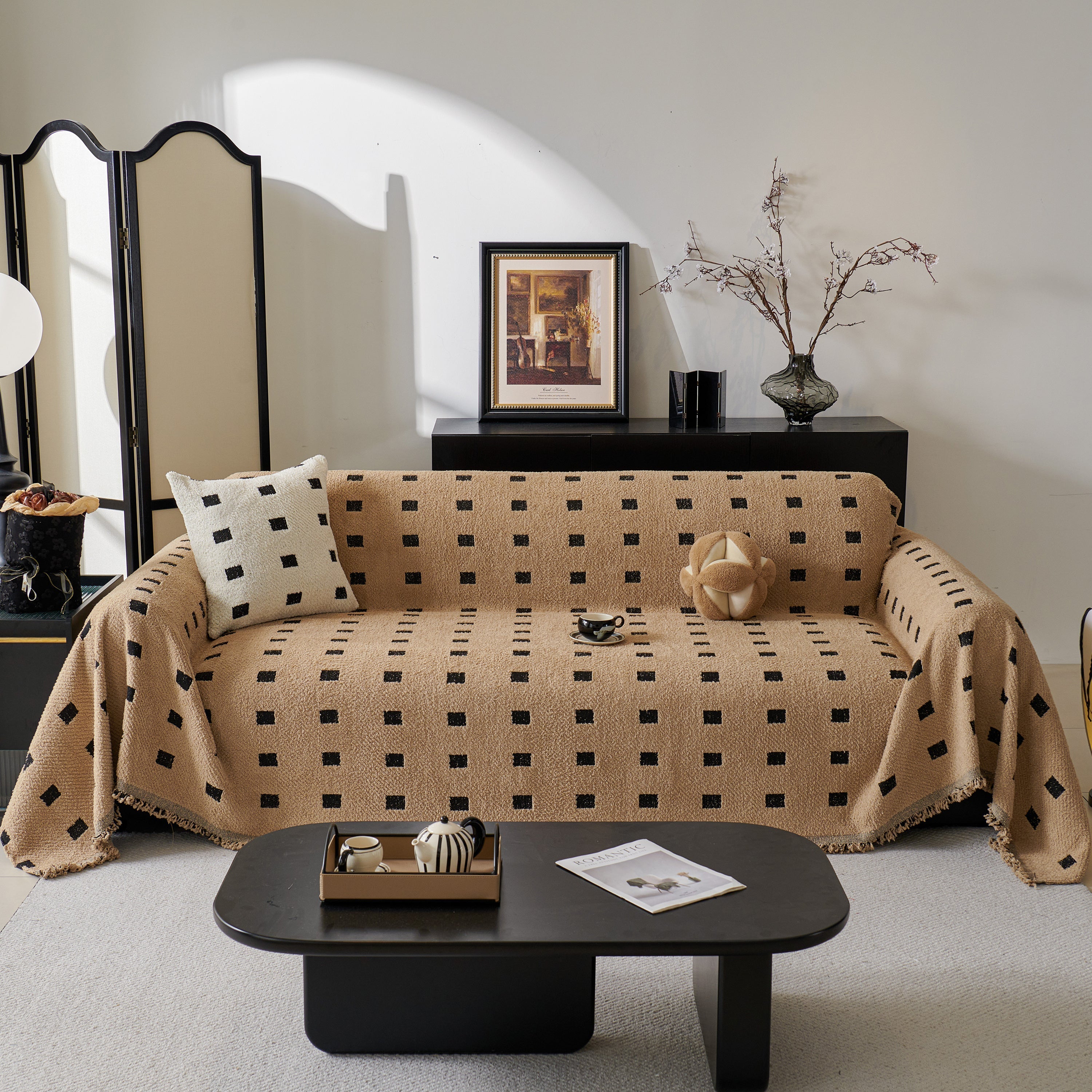 Woven Chenille Sofa Throw with Square Pattern