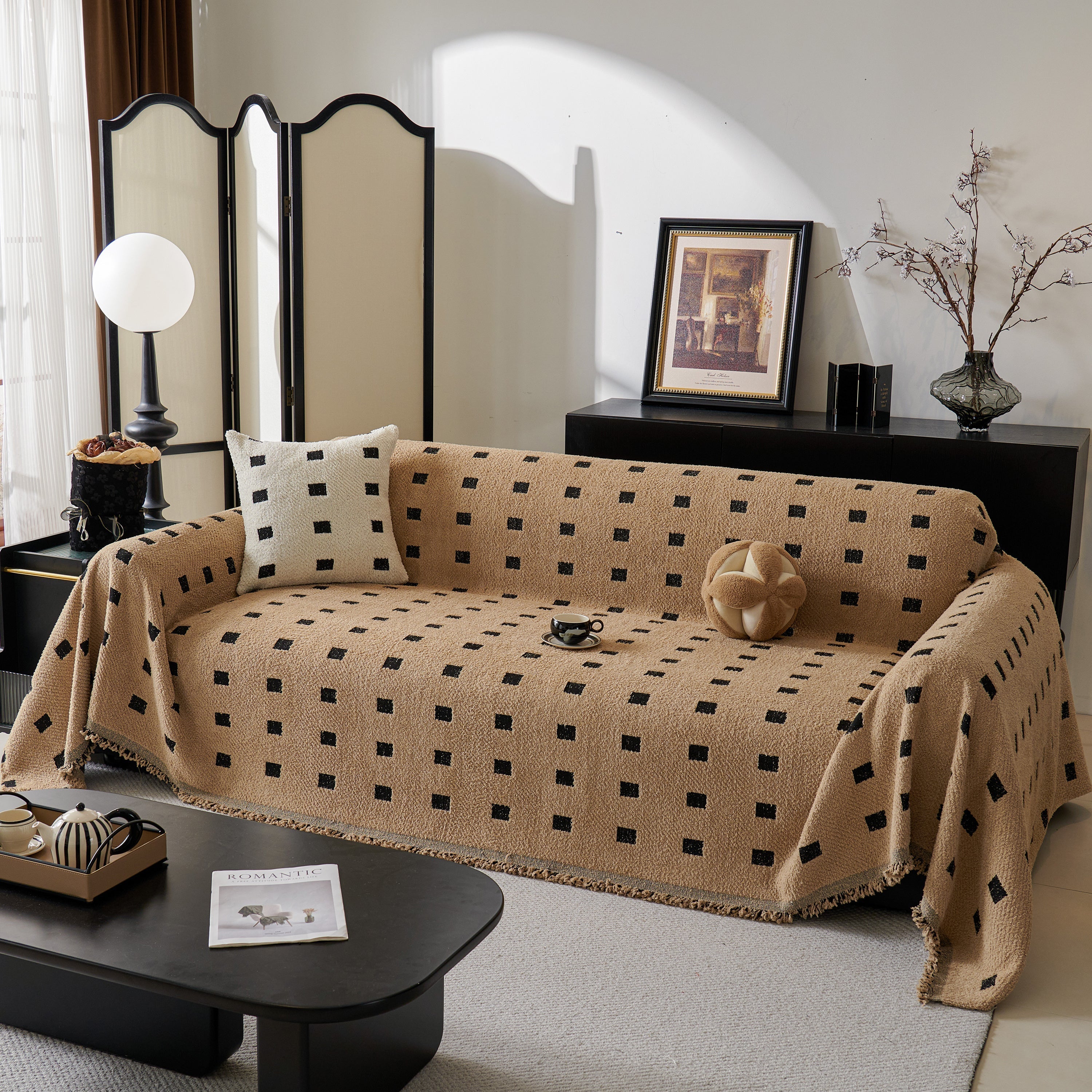 Woven Chenille Sofa Throw with Square Pattern