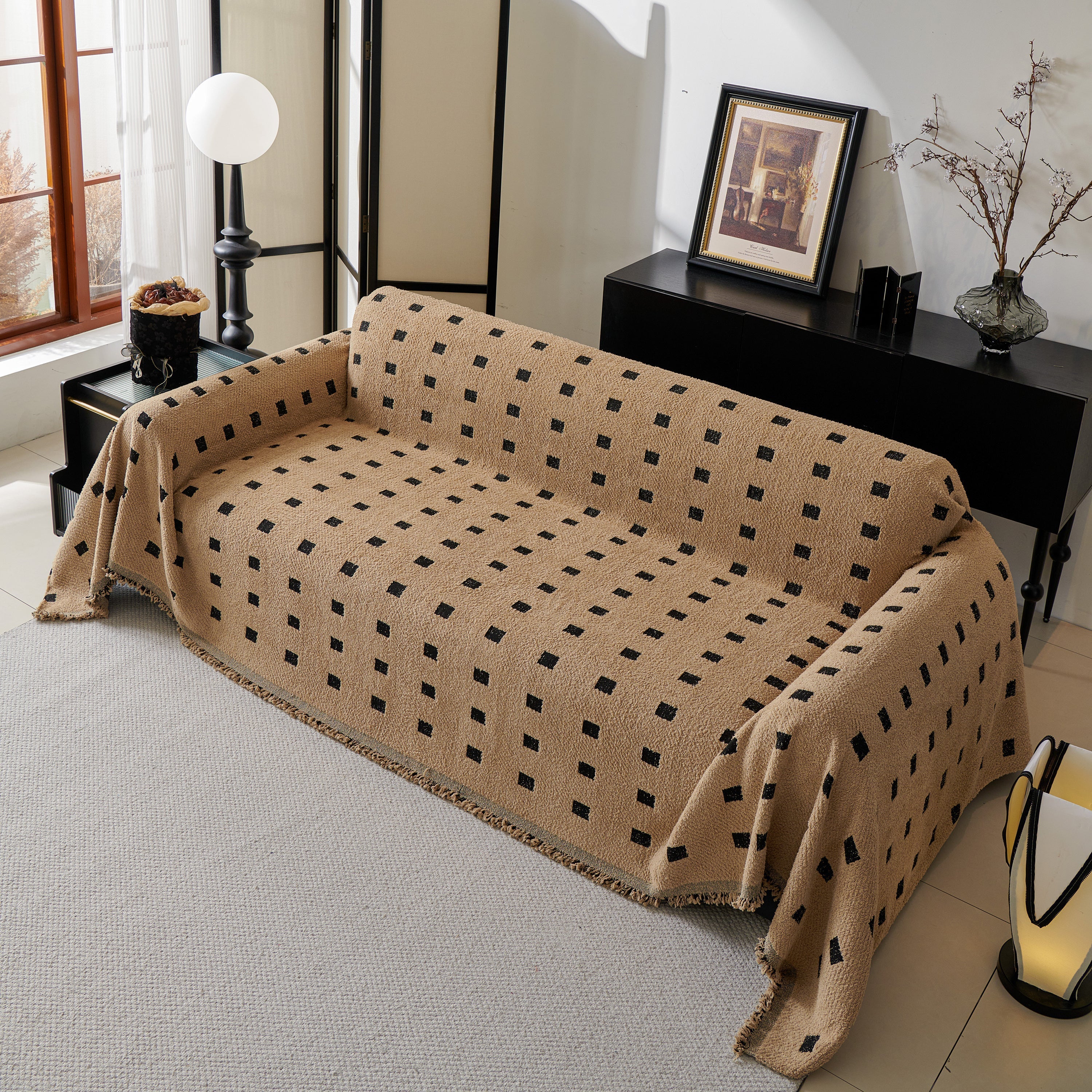 Woven Chenille Sofa Throw with Square Pattern