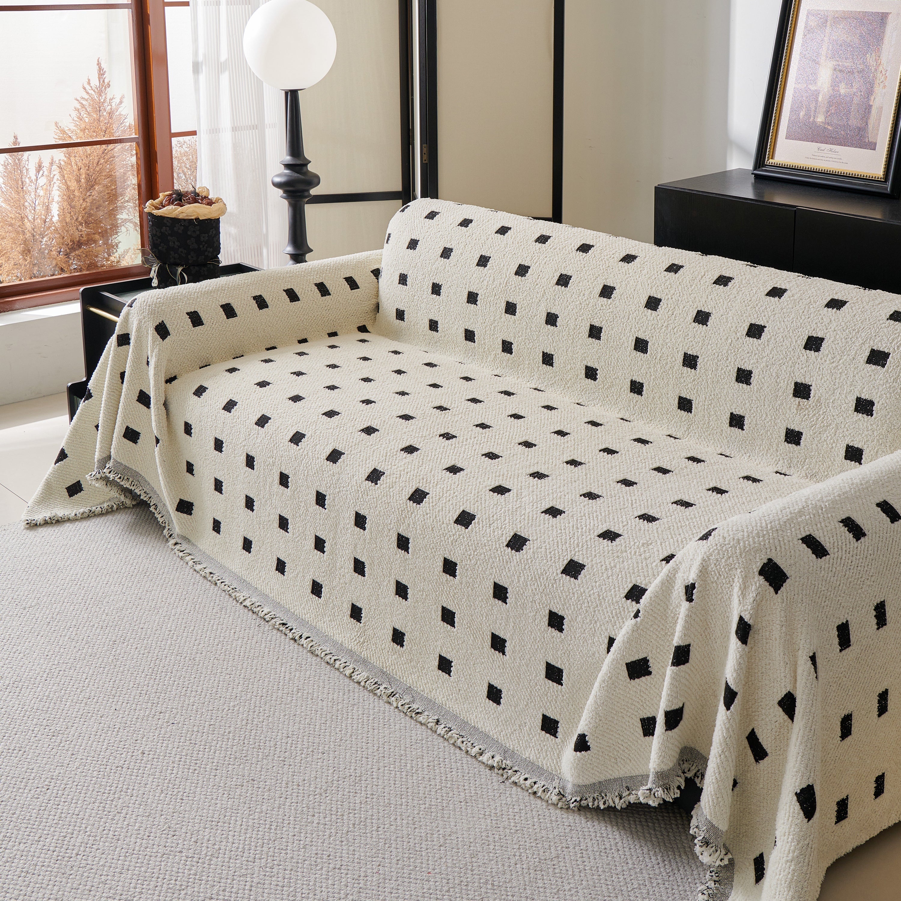 Woven Chenille Sofa Throw with Square Pattern