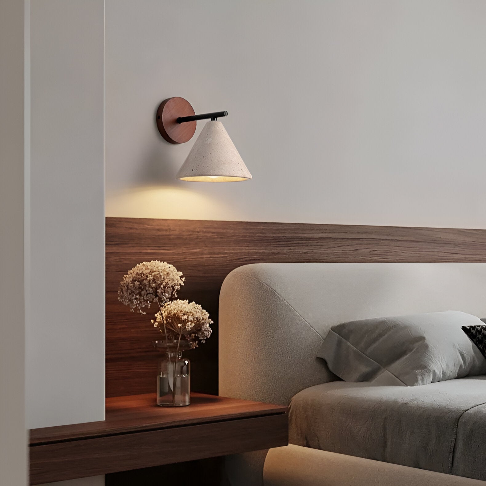 Travertine Cone Wall Sconce with Wood Base