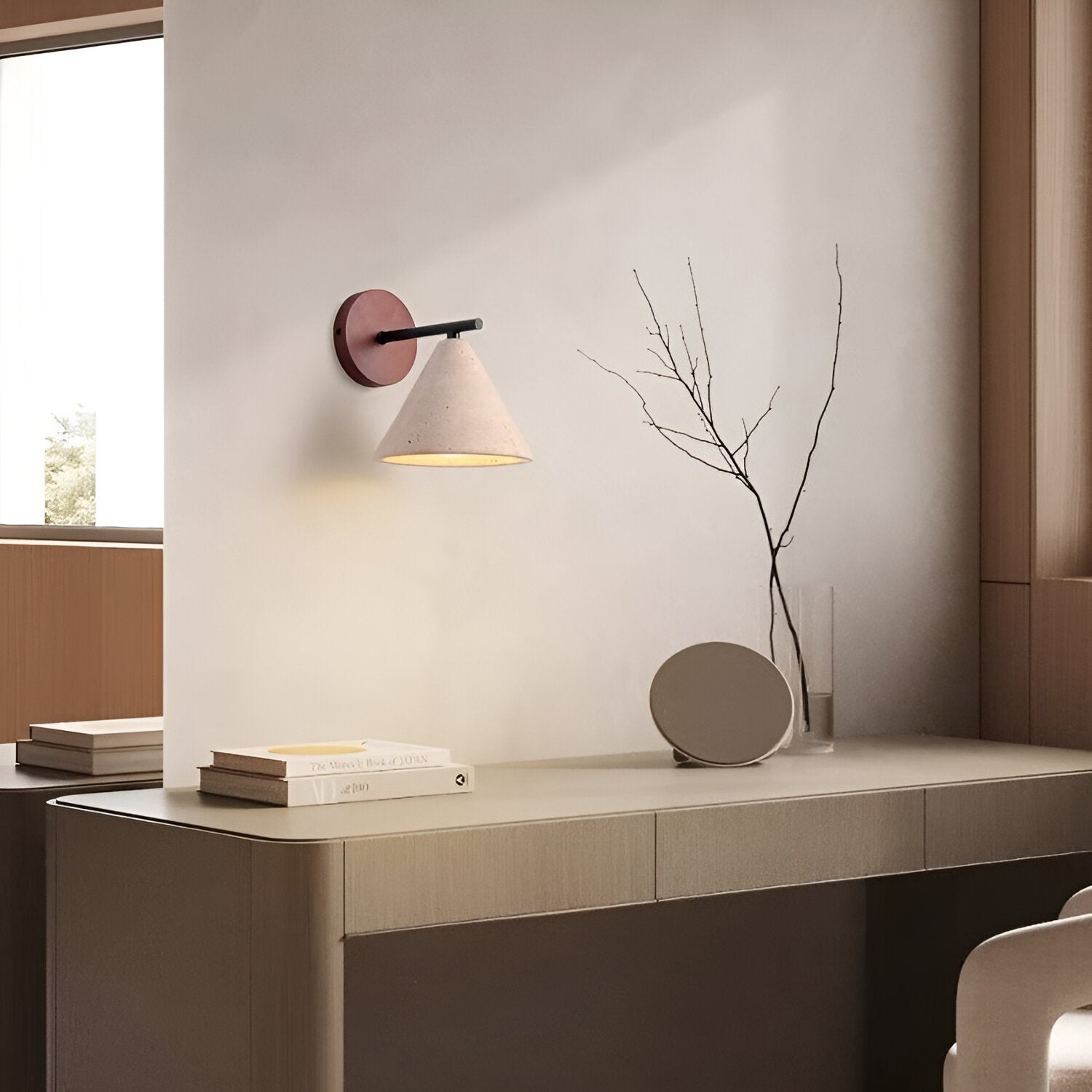 Travertine Cone Wall Sconce with Wood Base