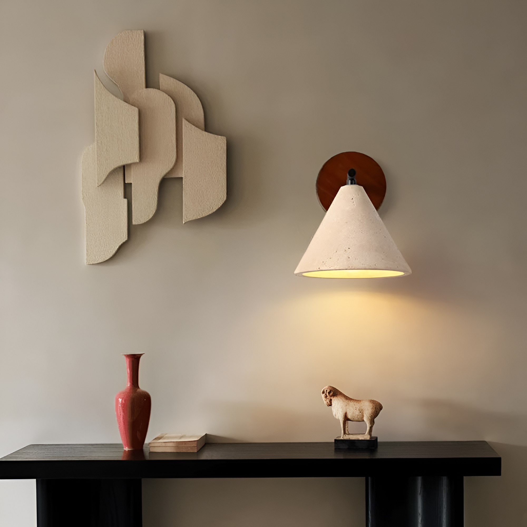 Travertine Cone Wall Sconce with Wood Base