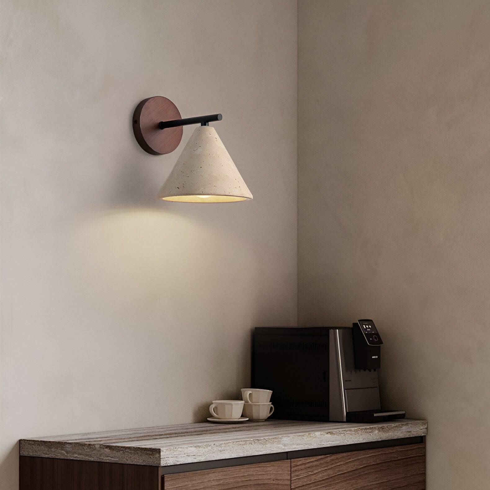 Travertine Cone Wall Sconce with Wood Base