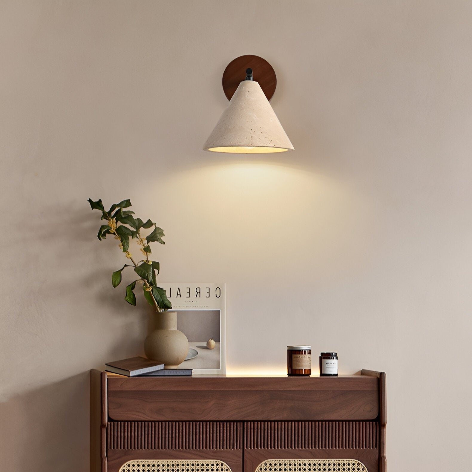 Travertine Cone Wall Sconce with Wood Base