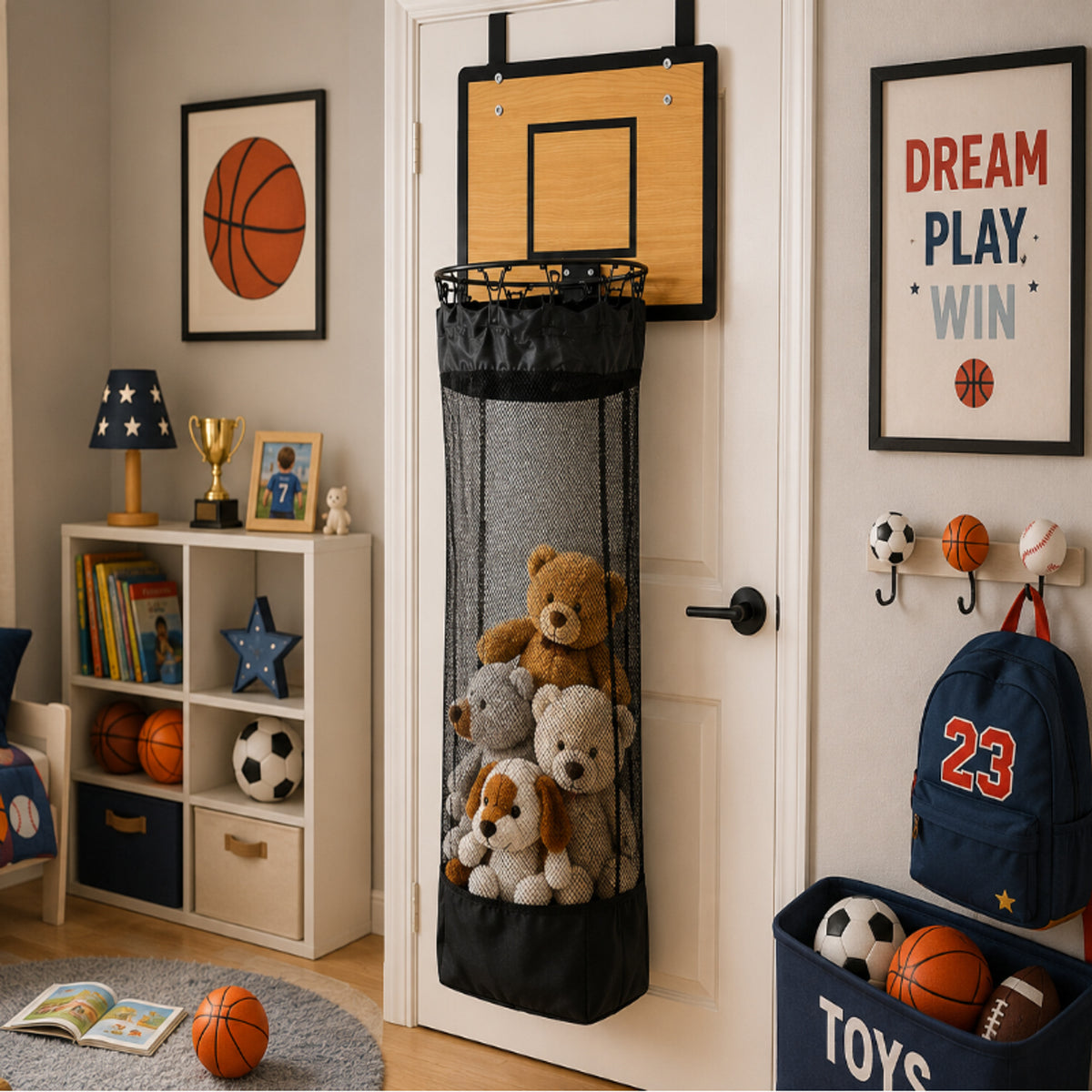 Basketball Hoop Hanging Storage Organizer For Laundry And Toys - Image 1
