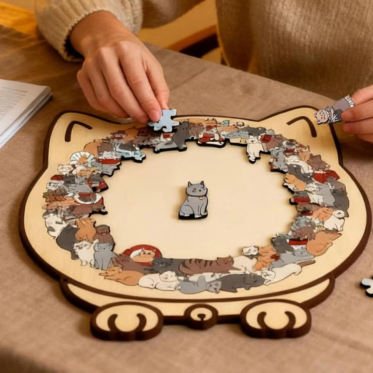 Cat Shaped Wooden Puzzle 135 Pieces Morandi Colors Calmpiece For Relaxation And Decor - Image 1