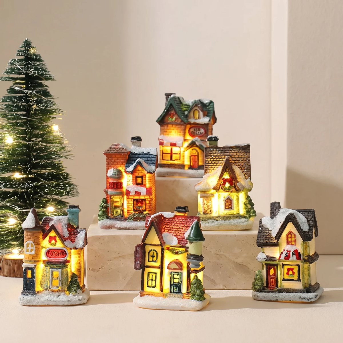 Christmas Village Decoration Set With 6 LED Light-Up Houses And Glitter Snow Details - Image 1