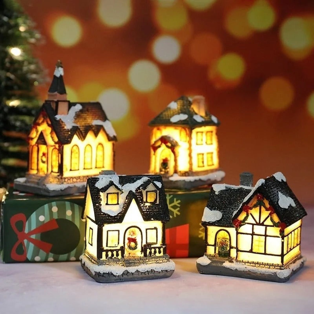 Christmas Village Decoration Set With 6 LED Light-Up Houses And Glitter Snow Details - Image 3