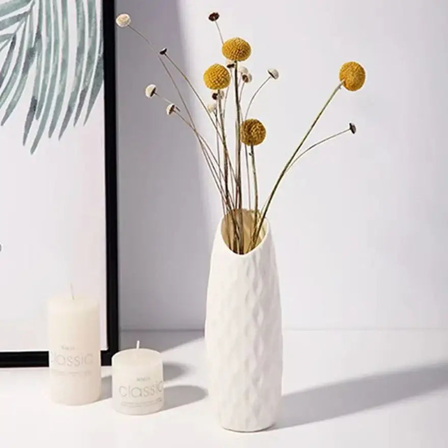 Ribbed Plastic Vase with Ceramic Look Finish