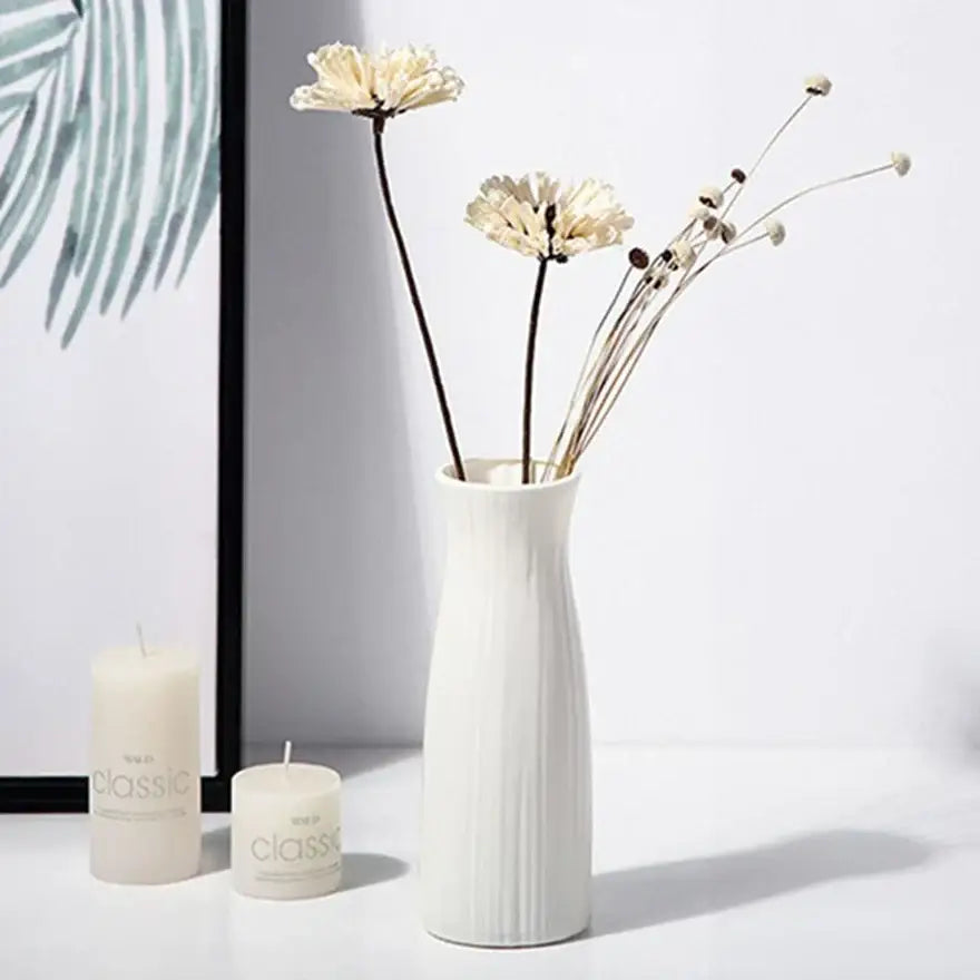 Ribbed Plastic Vase with Ceramic Look Finish