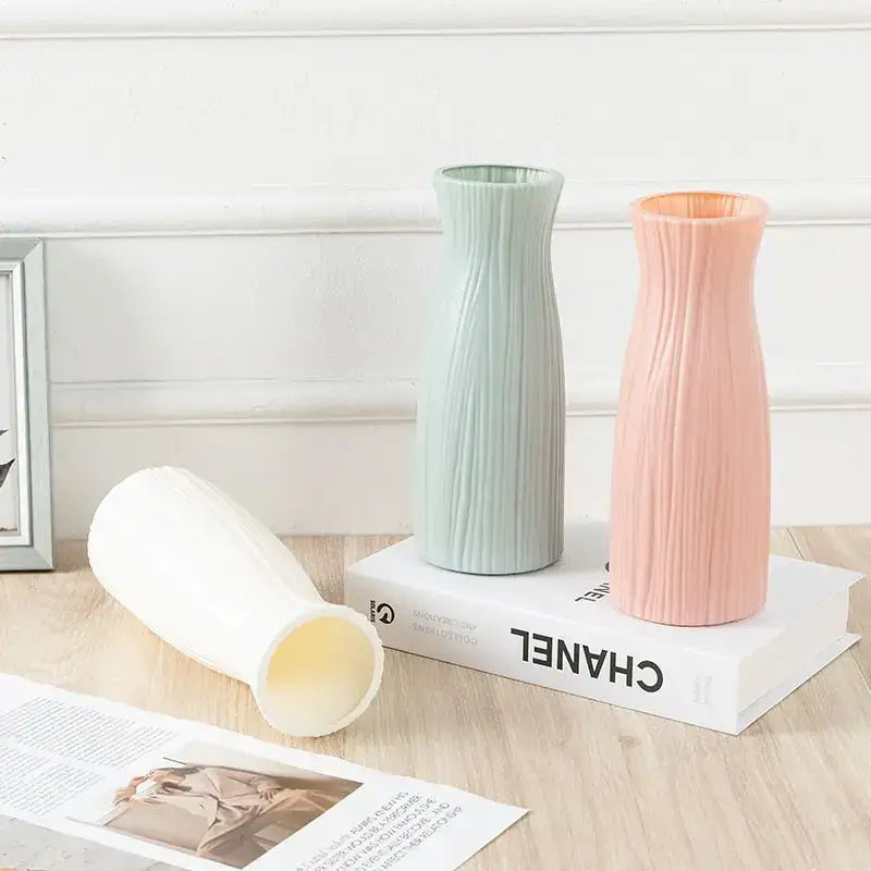 Ribbed Plastic Vase with Ceramic Look Finish