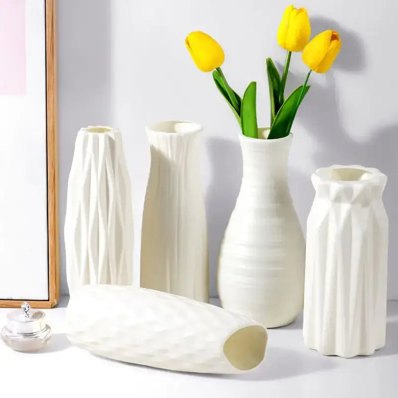 Ribbed Plastic Vase with Ceramic Look Finish