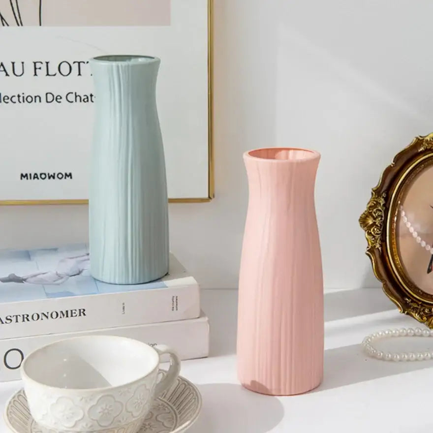 Ribbed Plastic Vase with Ceramic Look Finish