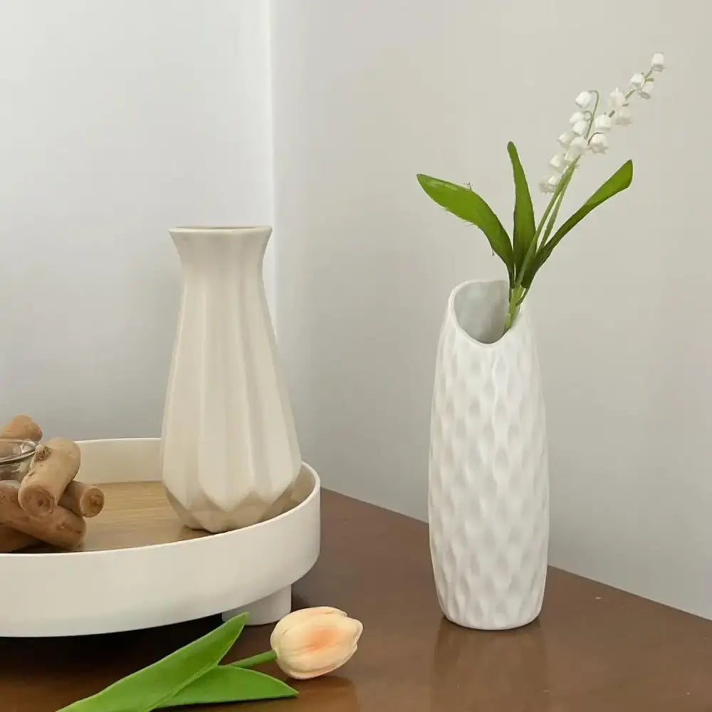 Ribbed Plastic Vase with Ceramic Look Finish