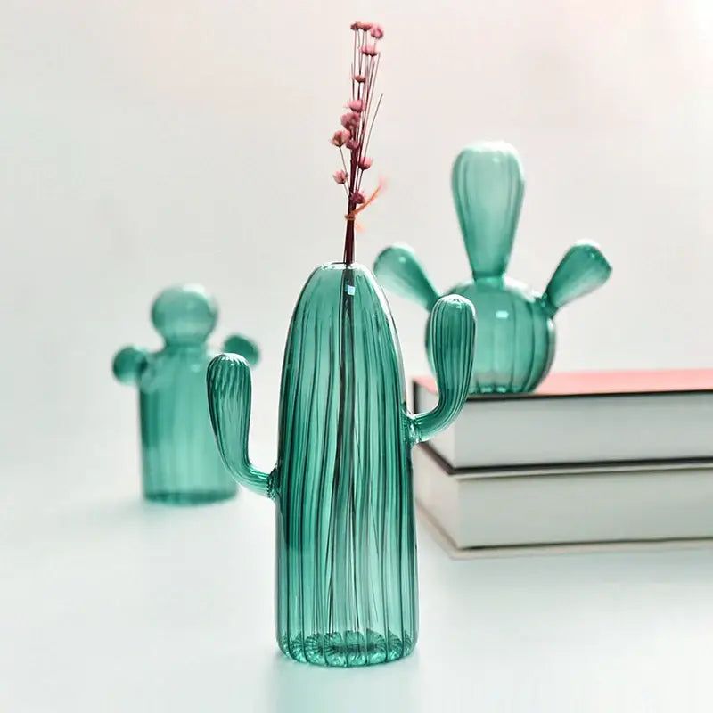 Green Glass Cactus Vase with Ribbed Texture