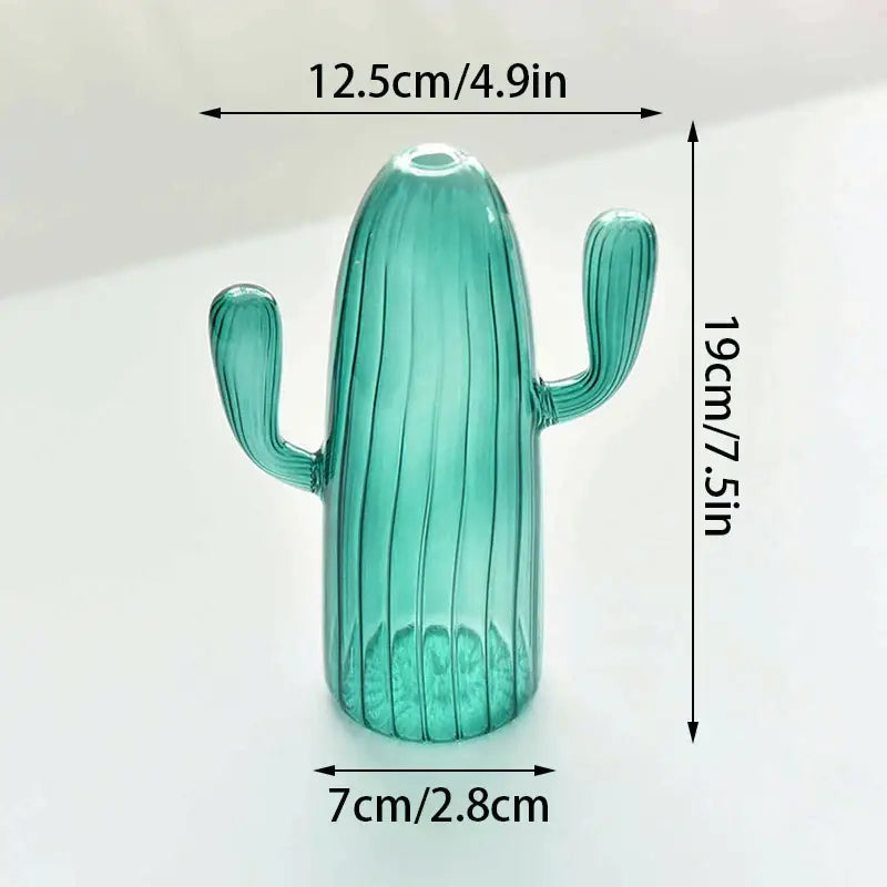 Green Glass Cactus Vase with Ribbed Texture