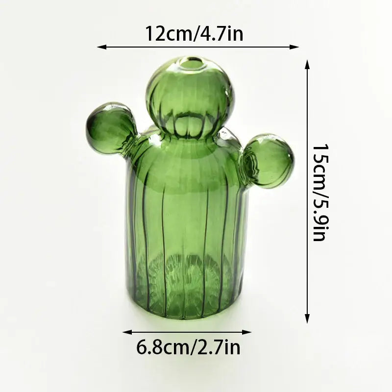 Green Glass Cactus Vase with Ribbed Texture