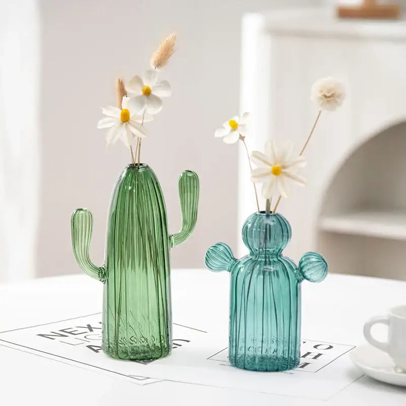 Green Glass Cactus Vase with Ribbed Texture