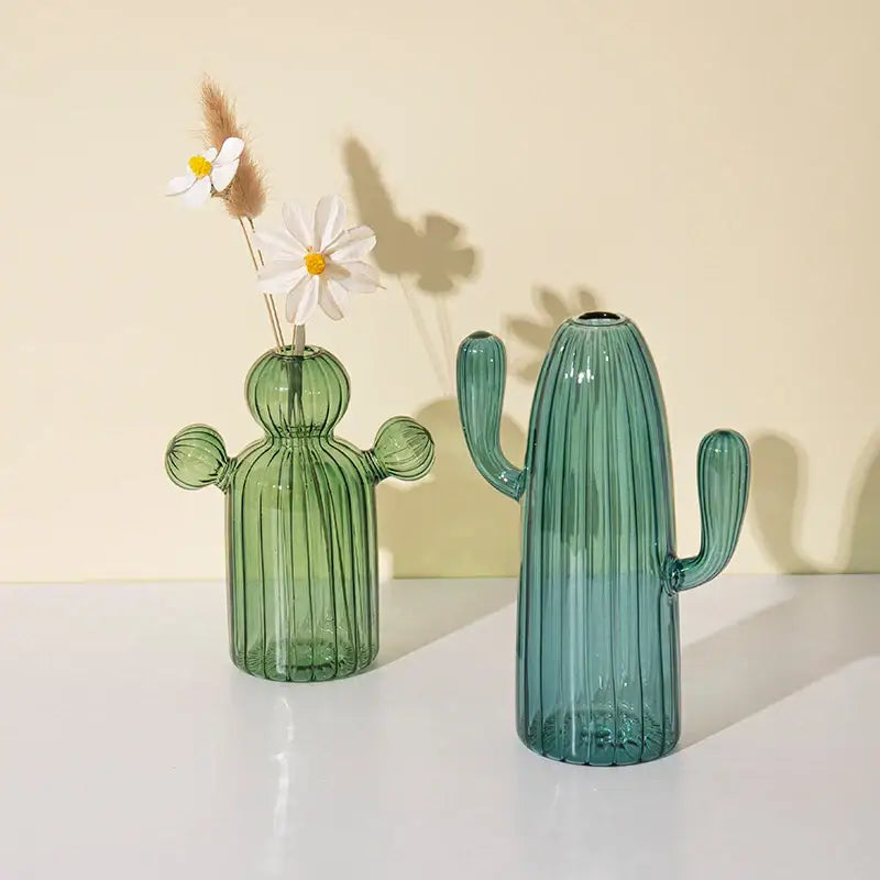 Green Glass Cactus Vase with Ribbed Texture
